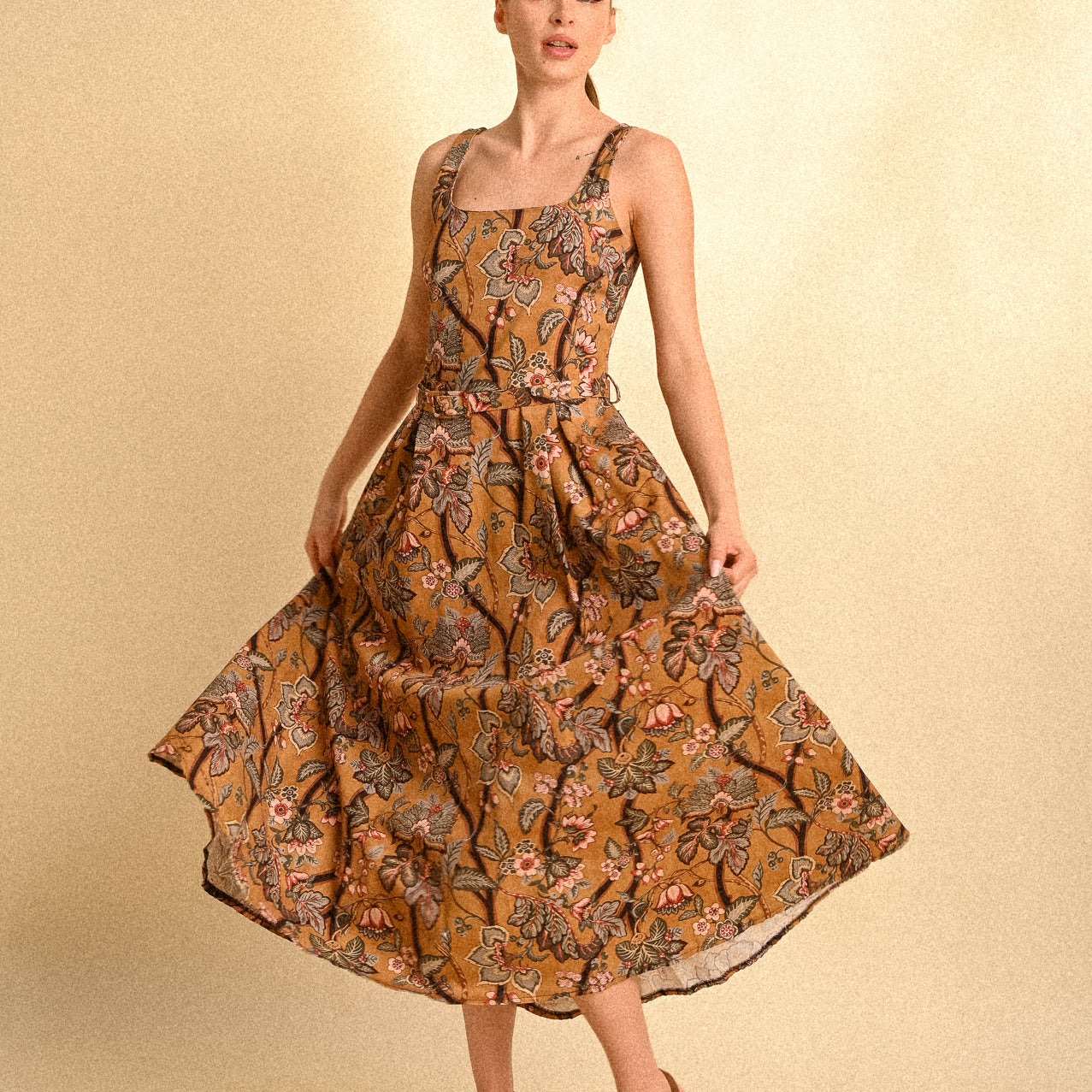 Abito Midi Jaipur Garden in Cotone con Cintura