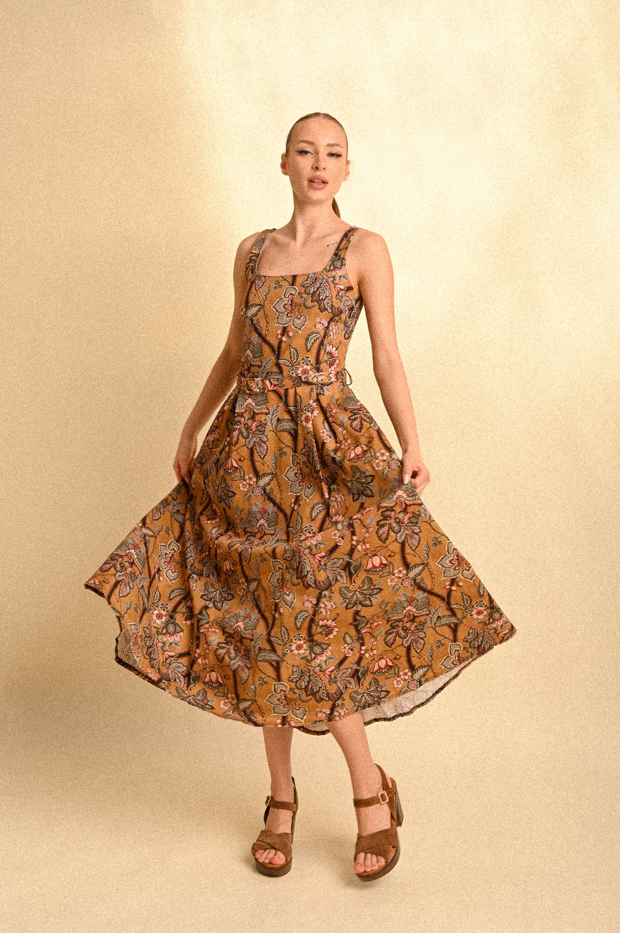 Abito Midi Jaipur Garden in Cotone con Cintura