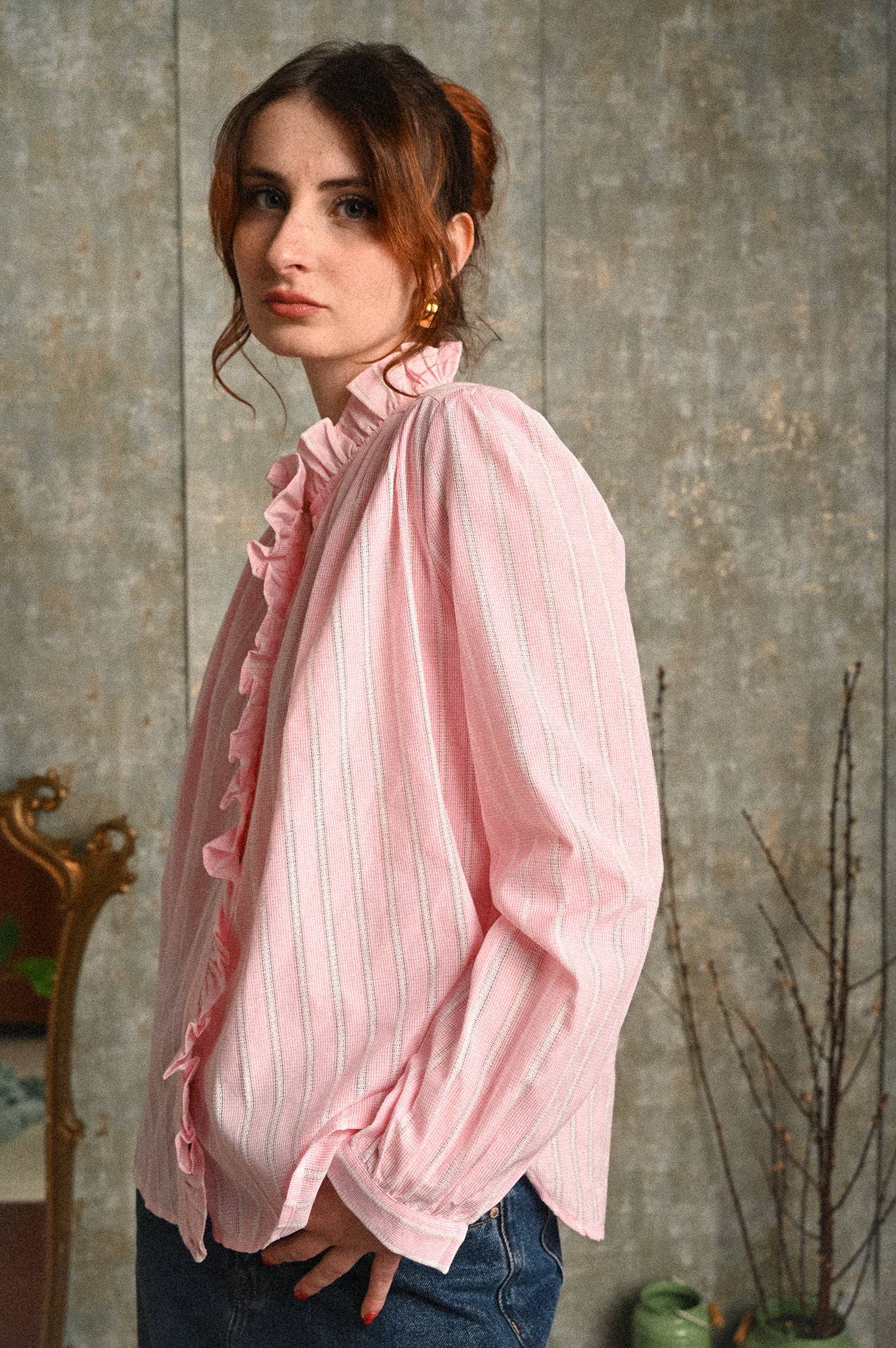 Camicia Bouvardia rosa a righe con ruches