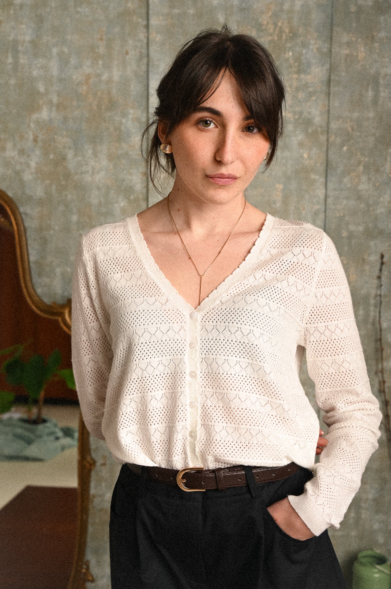 Cardigan Glicine Donna Bianco Traforato con Bottoni