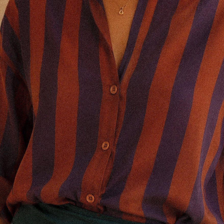 Camicia a righe arancio e viola con colletto coreano – 100% cotone