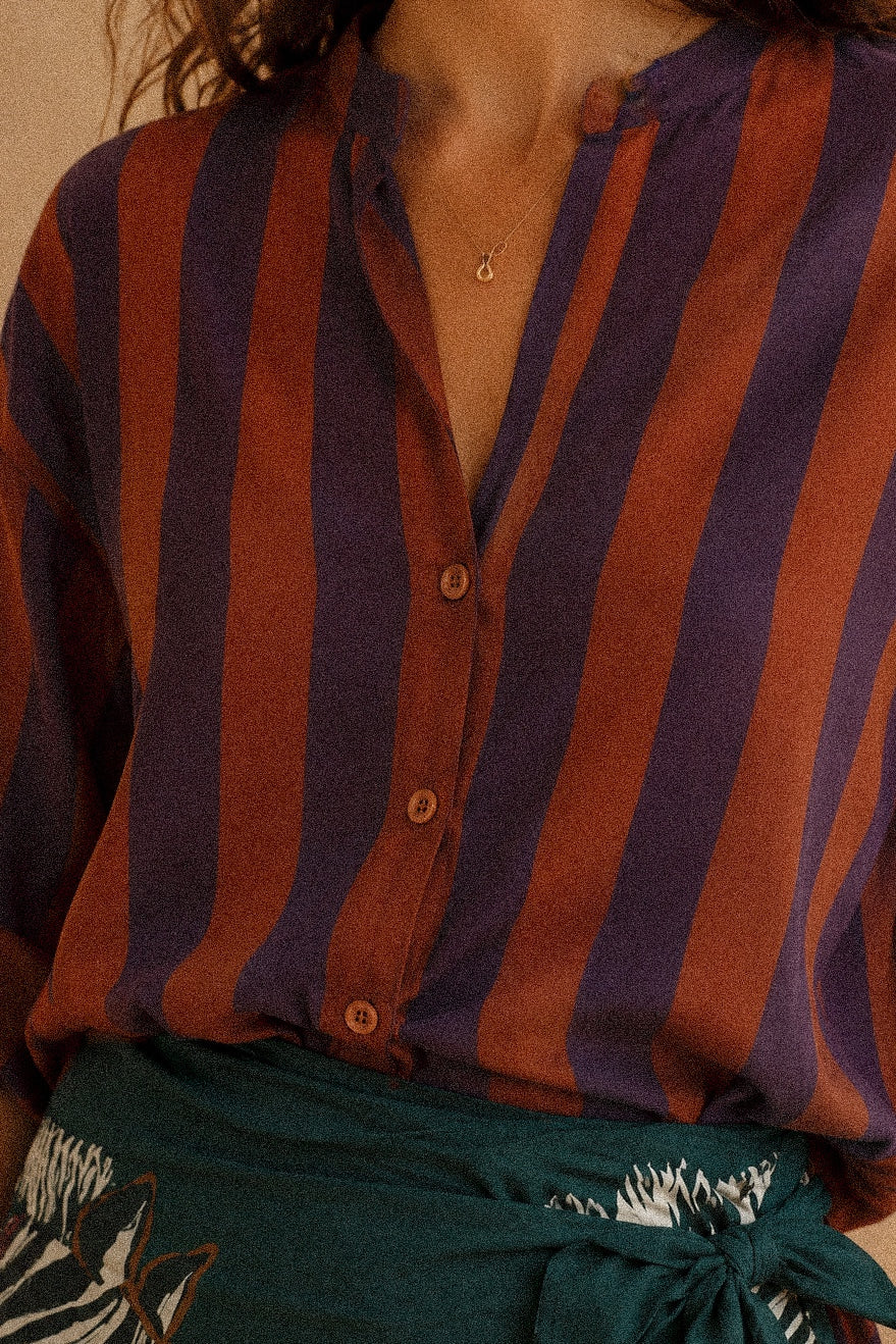 Camicia a righe arancio e viola con colletto coreano – 100% cotone