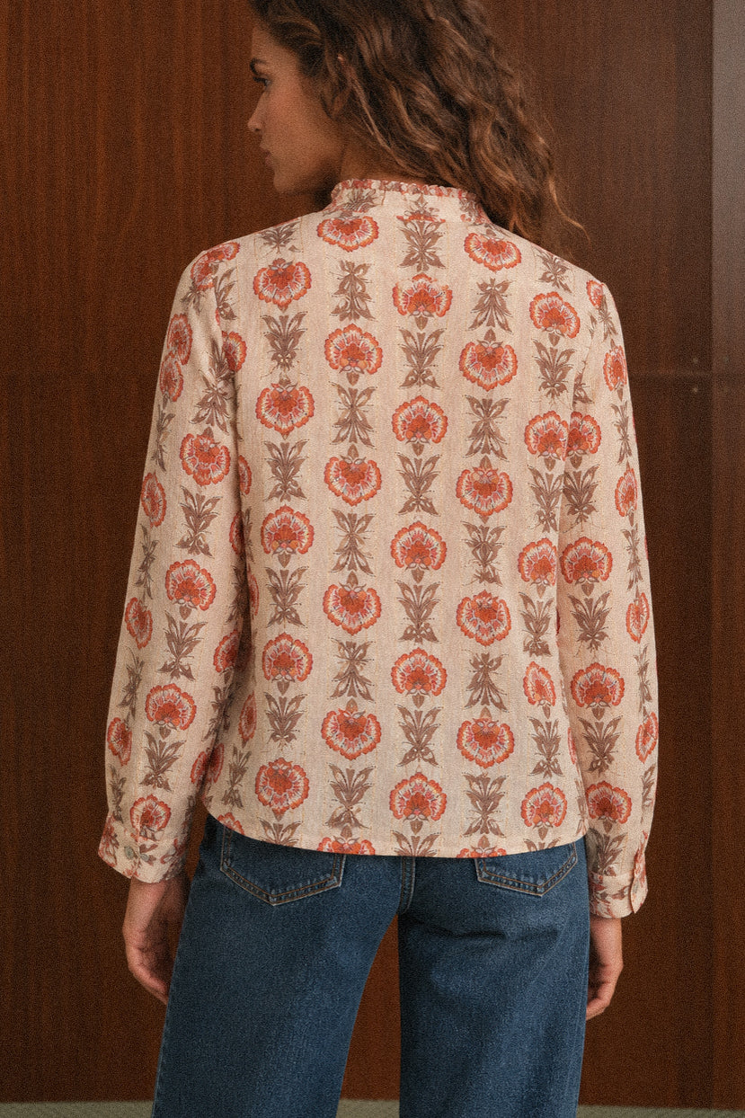 Camicia donna fantasia floreale color panna con volant e fili in lurex