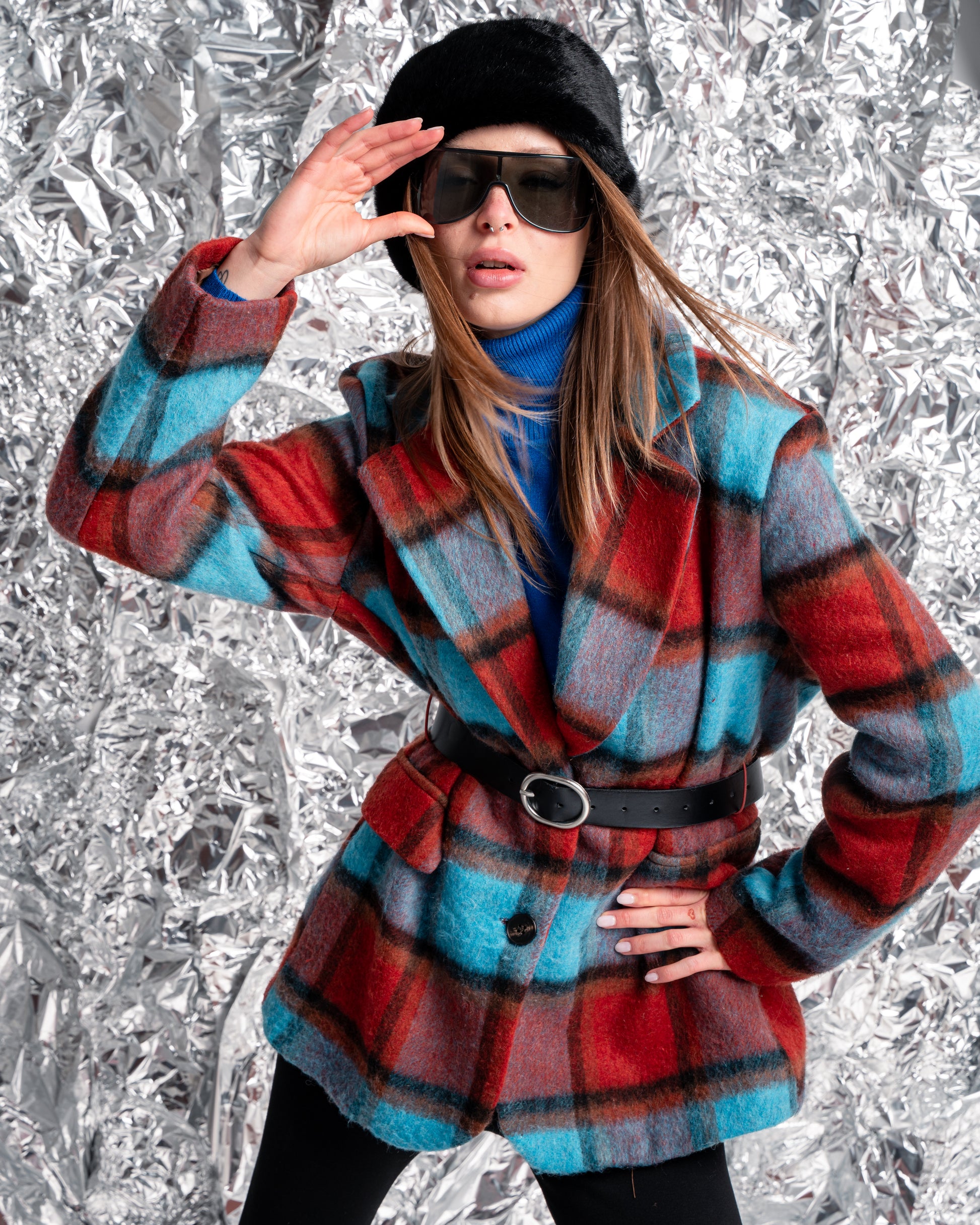 Cappotto corto a quadri multicolor con cintura