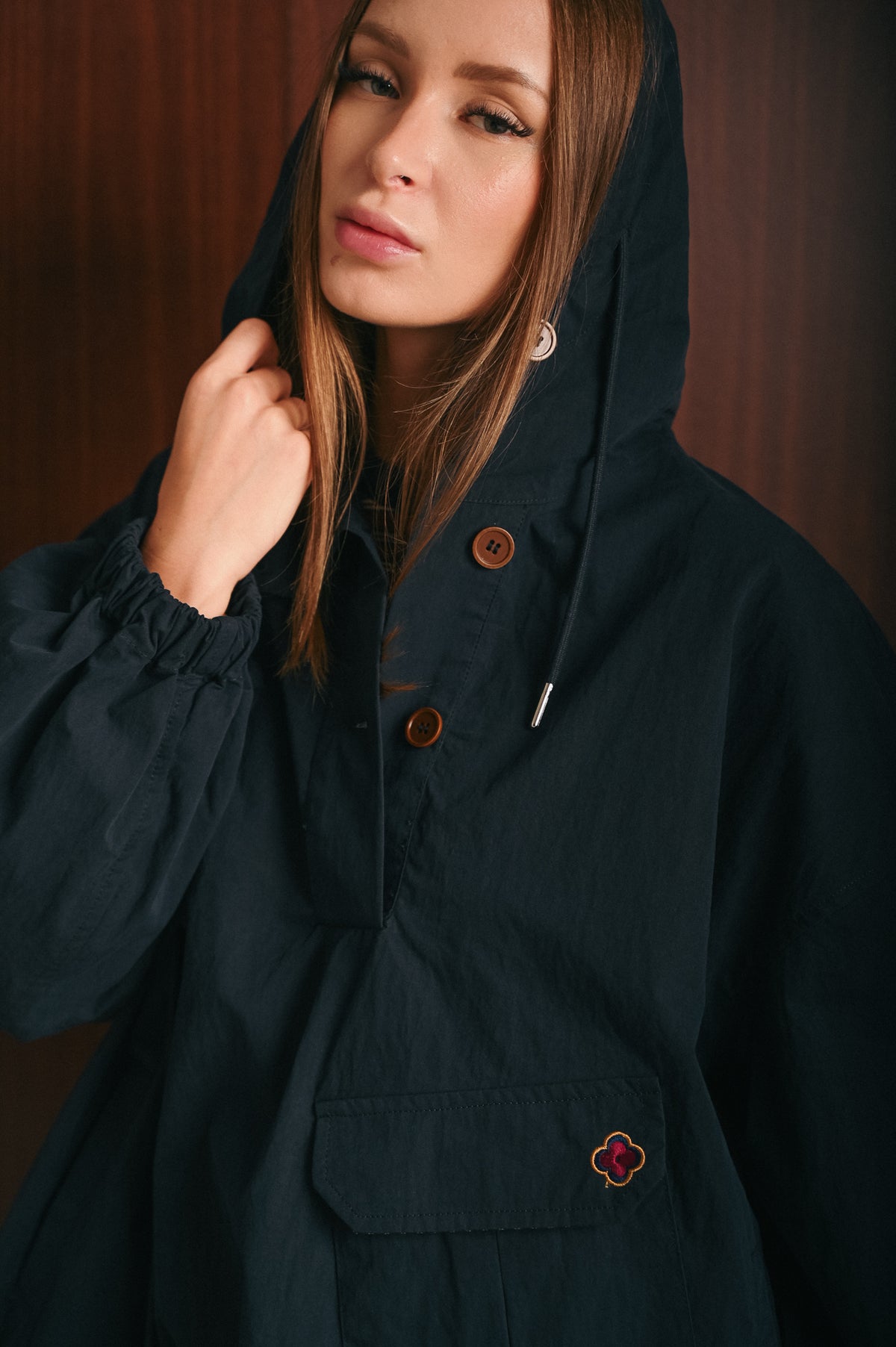 Rain Coat Donna Blu con Cappuccio, Tasche e Coulisse – Giacca Antipioggia Pullover