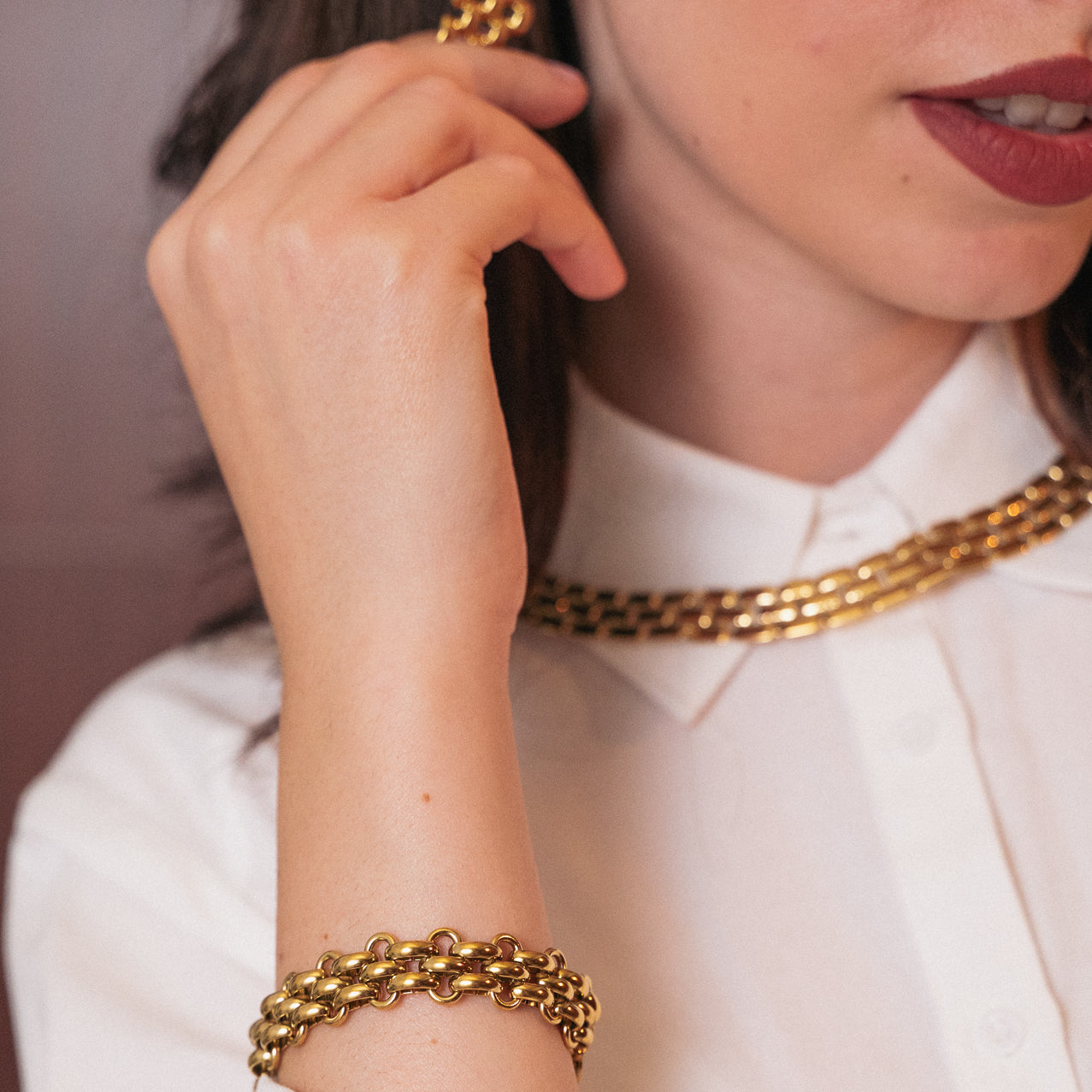 Set Gioielli a Maglia Grossetta Oro - Collana, Bracciale e Orecchini in Acciaio
