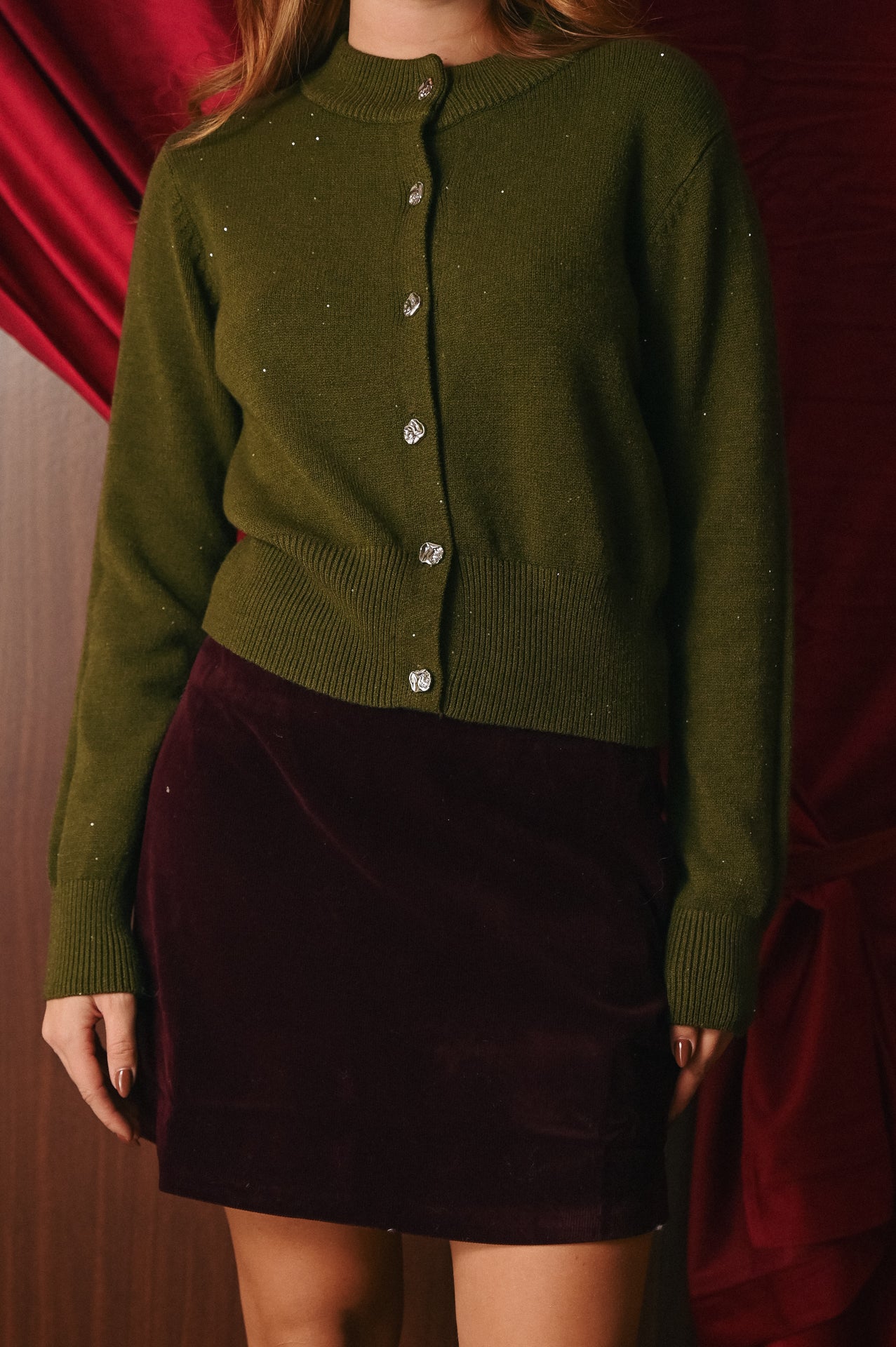 Cardigan Donna Verde Scintillante Bottoni Gioiello | Giacchino Paillettes Party