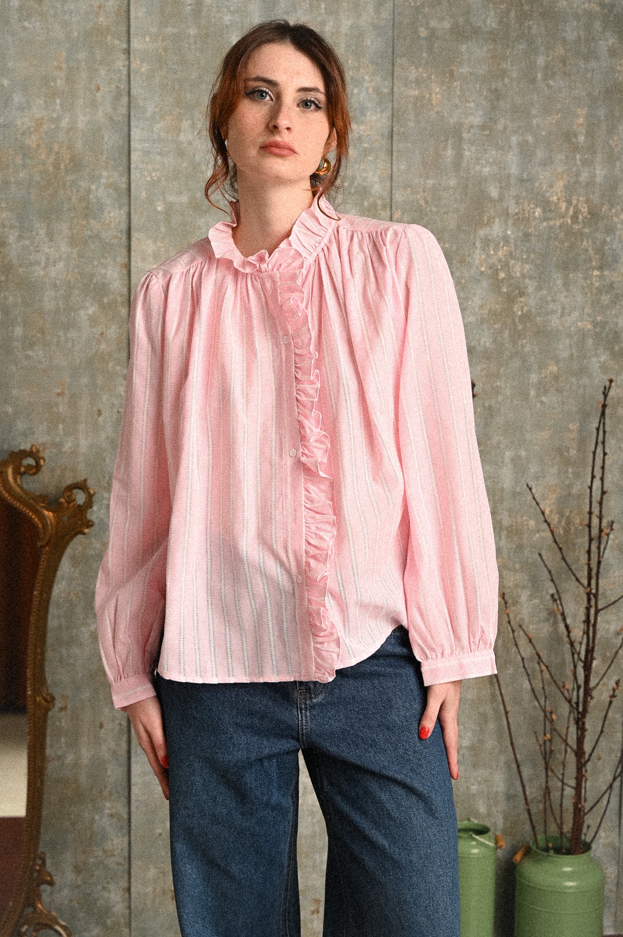 Camicia Bouvardia rosa a righe con ruches
