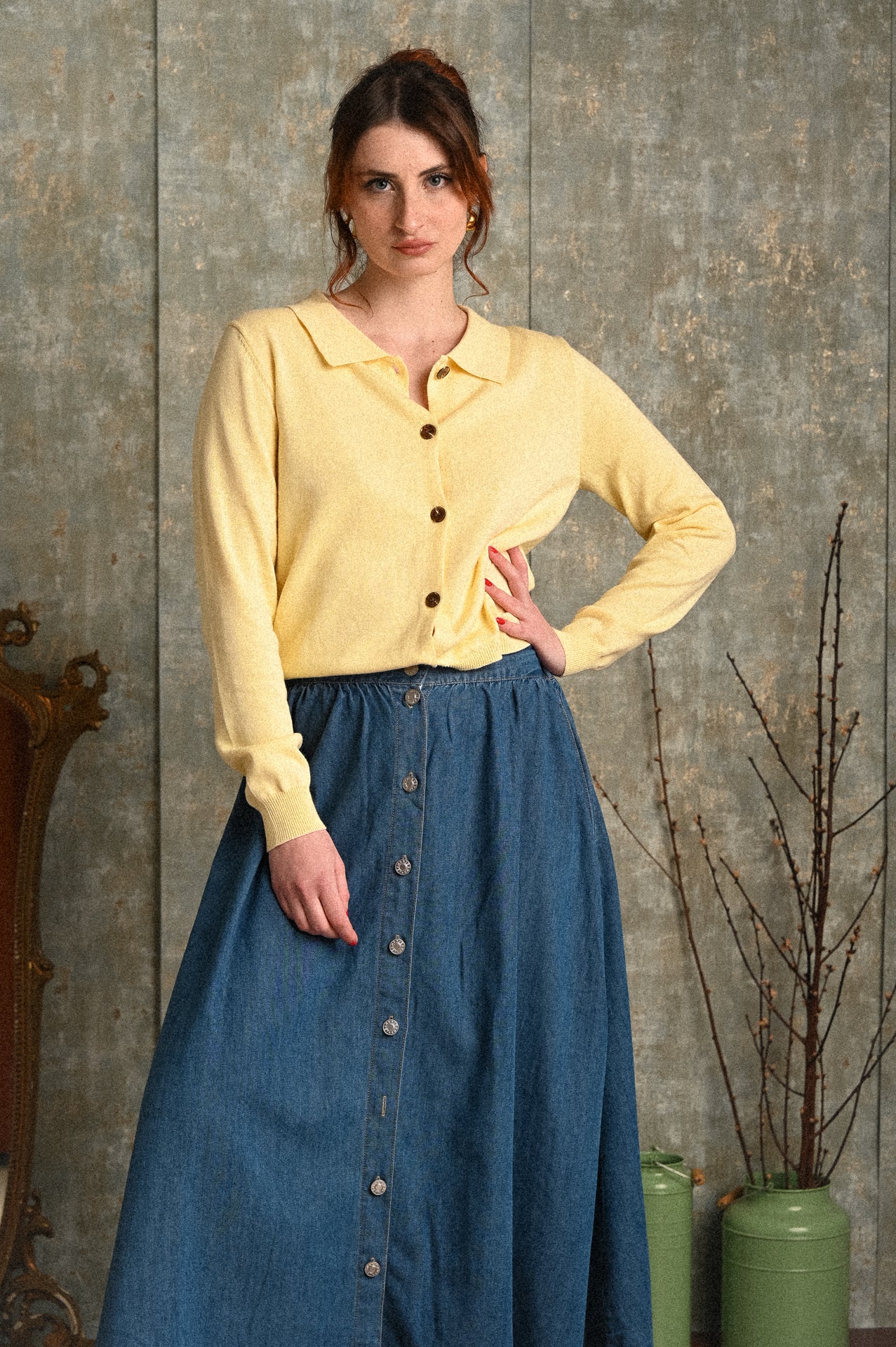 Gonna denim lunga Coriandolo con bottoni frontali e vita elasticizzata