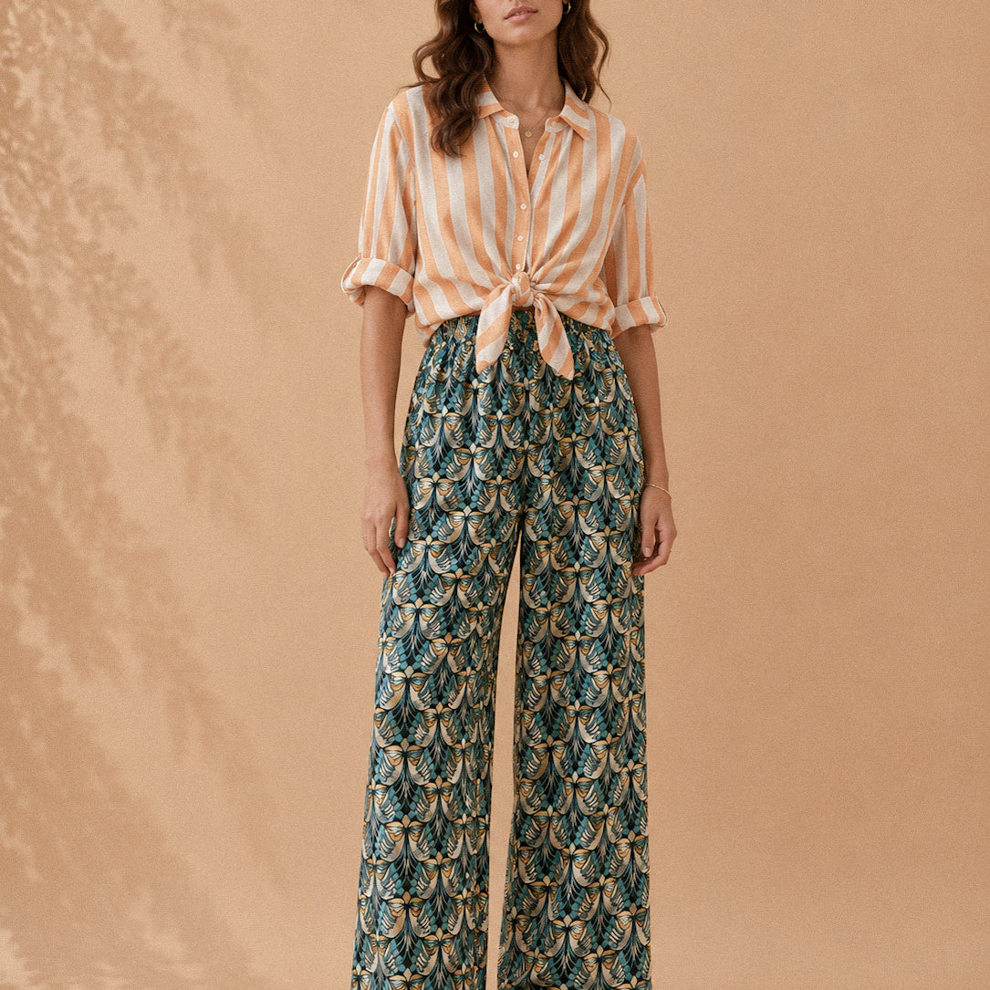 Pantalone palazzo fantasia verde petrolio e senape
