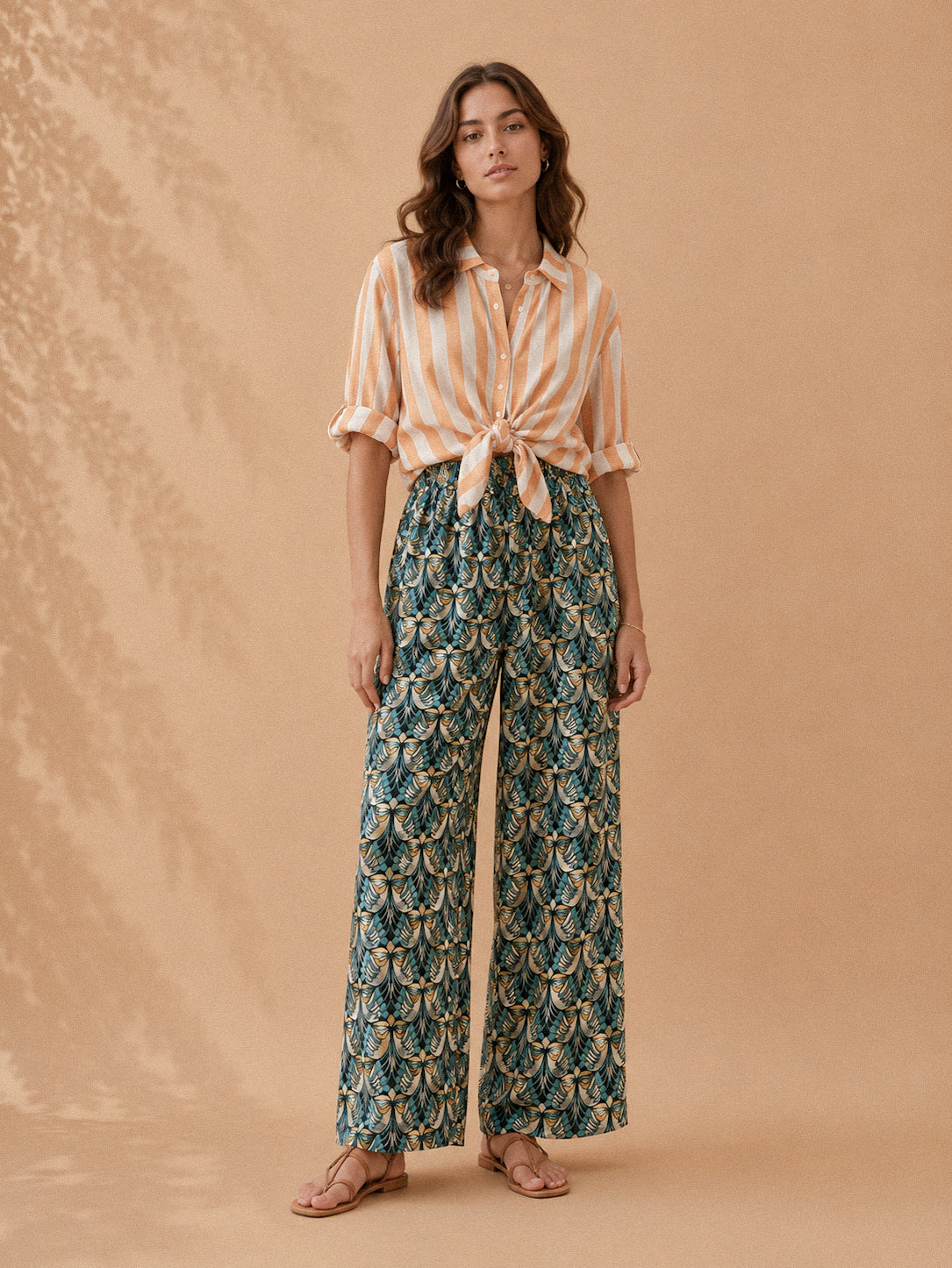 Pantalone palazzo fantasia verde petrolio e senape