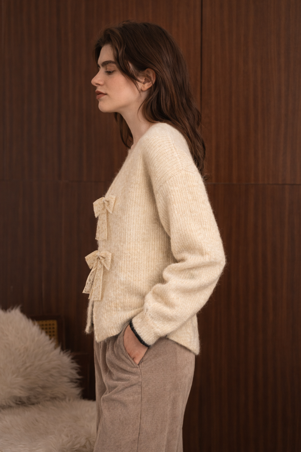 Maglione Double-Way beige con Fiocchi in Pizzo | Pullover Lana e Mohair