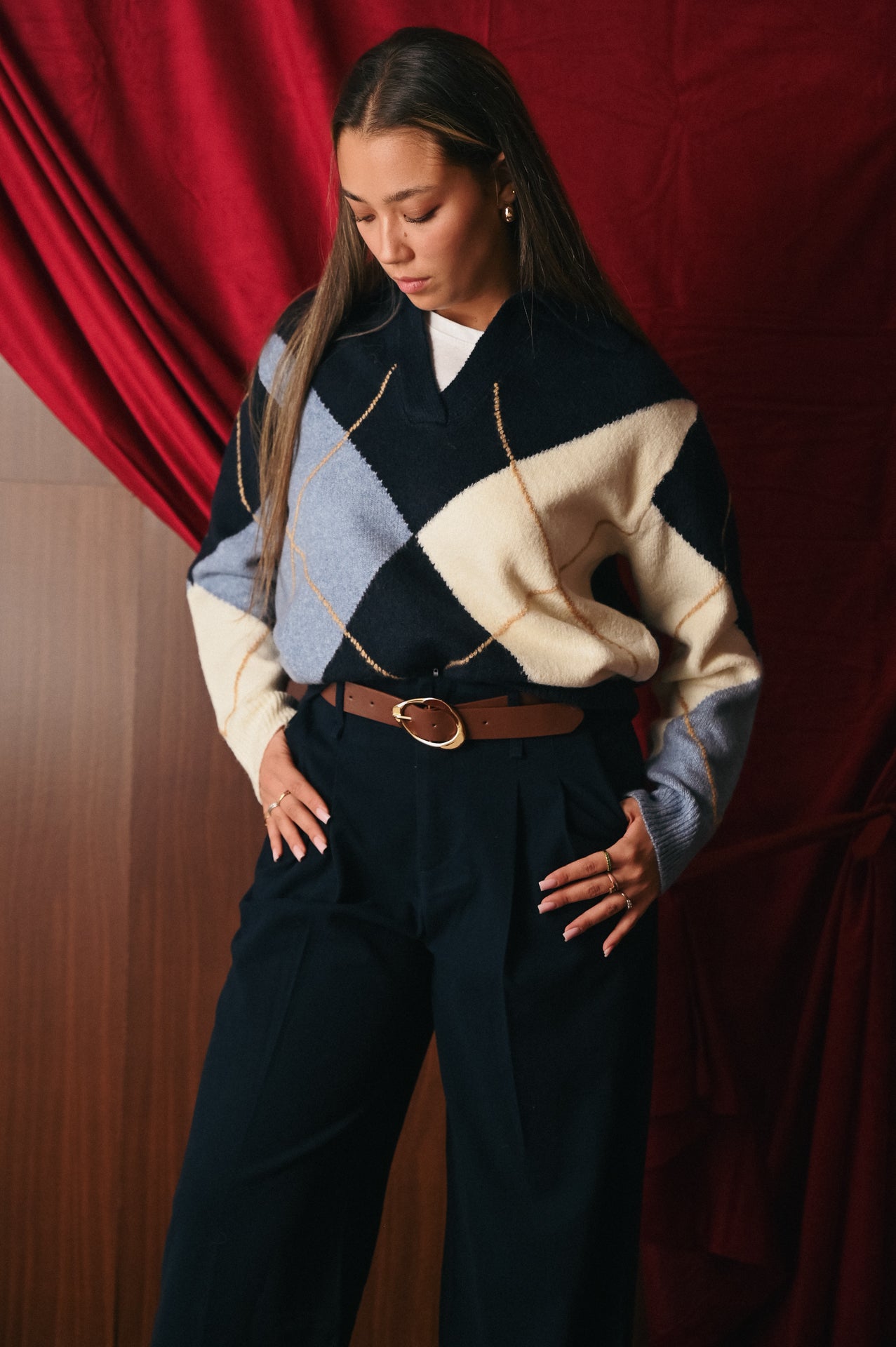 Maglione Donna Argyle Collo Polo | Pullover Rombo Scollo a V | Stile Preppy