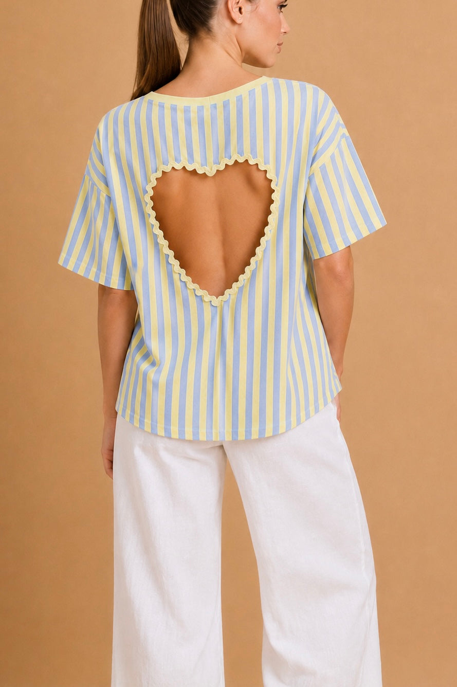 T-Shirt Cuore Sorbetto – T-Shirt Donna a Righe Giallo Burro e Azzurro con Schiena Aperta