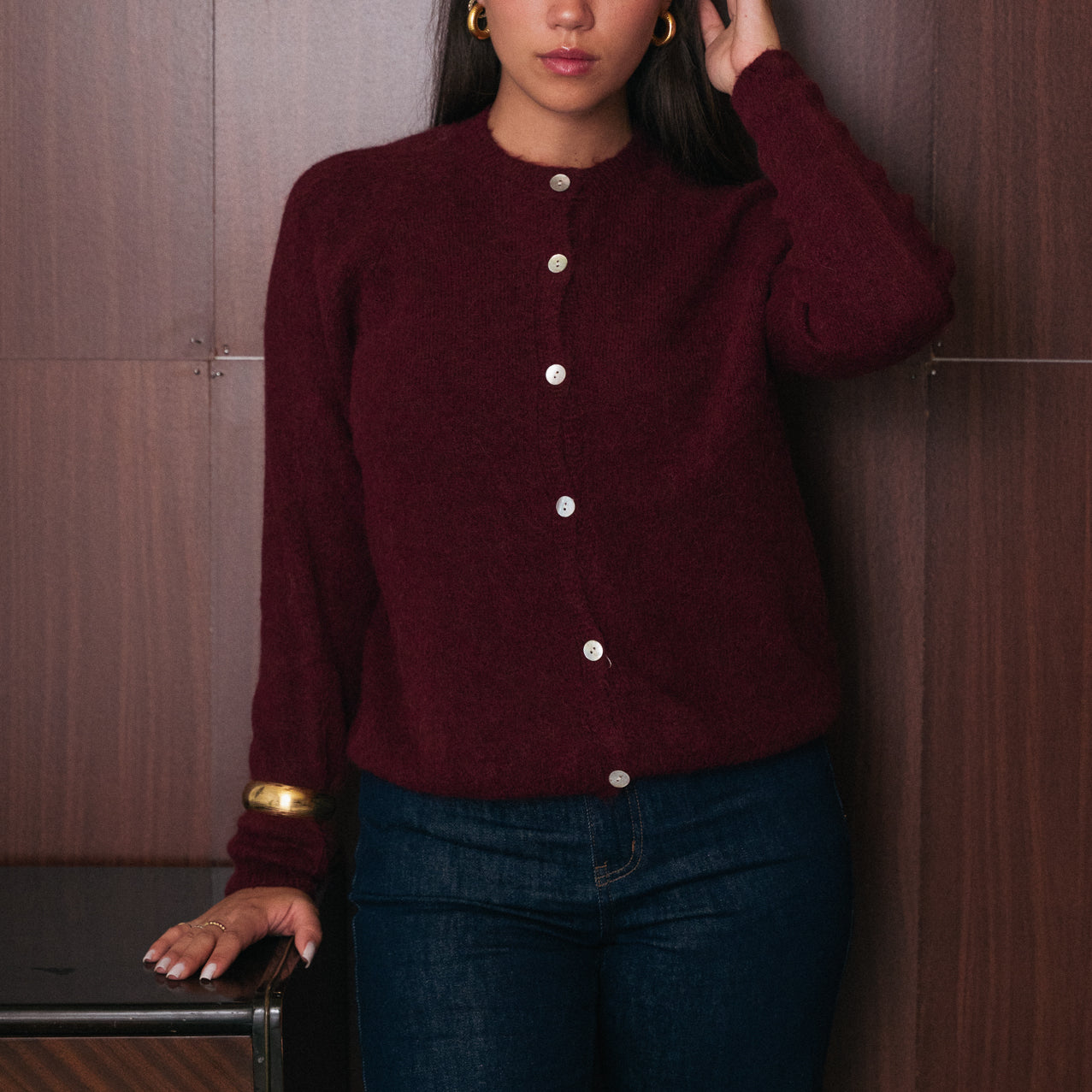 Cardigan bordeaux donna Amelìe misto alpaca e lana | made in Italy