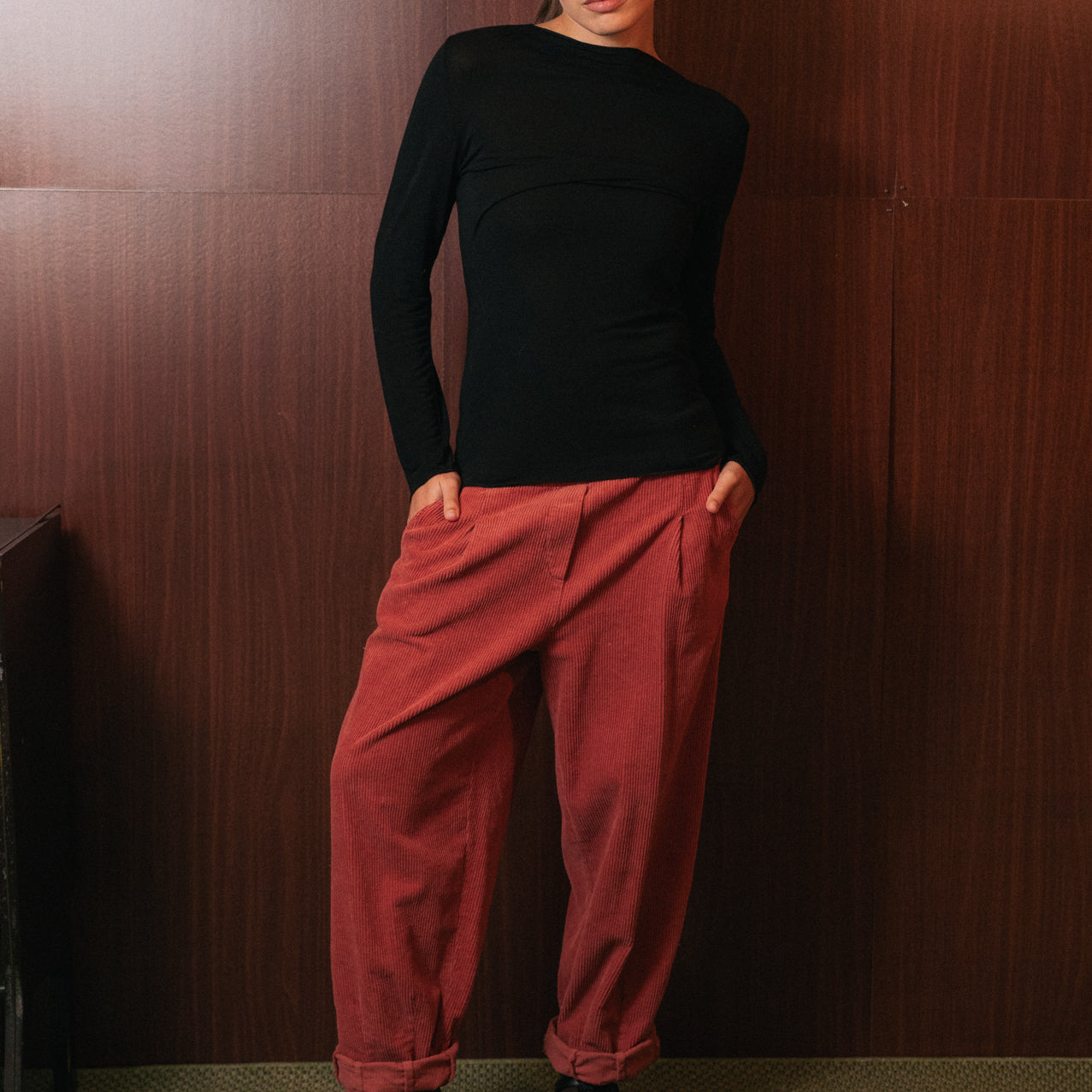 Pantaloni Velluto a Coste Relaxed Fit rosa salmone - Vita Elastica