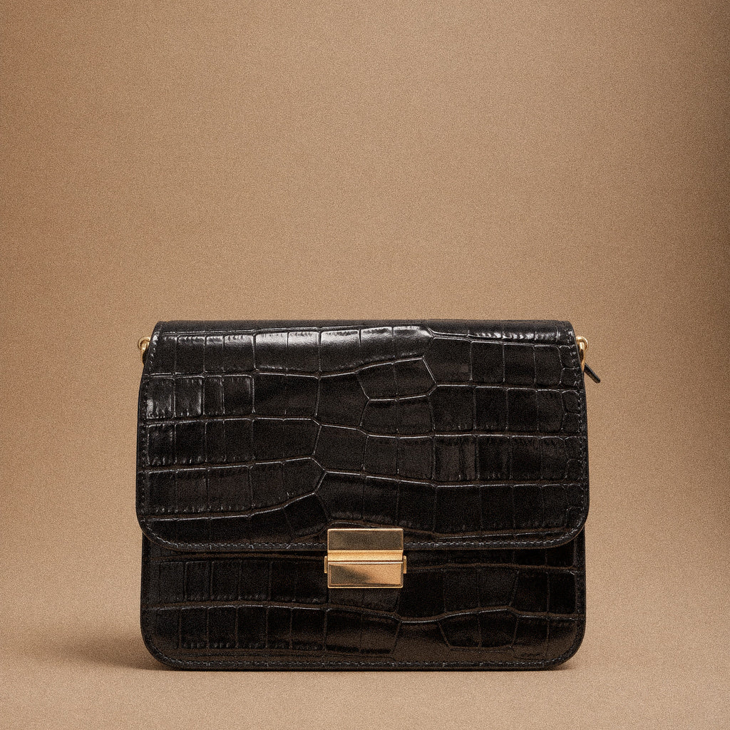 Borsa Donna in Vera Pelle Nera Effetto Cocco