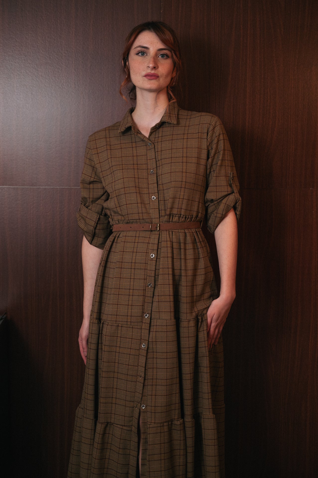 Abito Chemisier Lungo Tartan Donna | Collo a Camicia con Cintura | Stile Scozzese