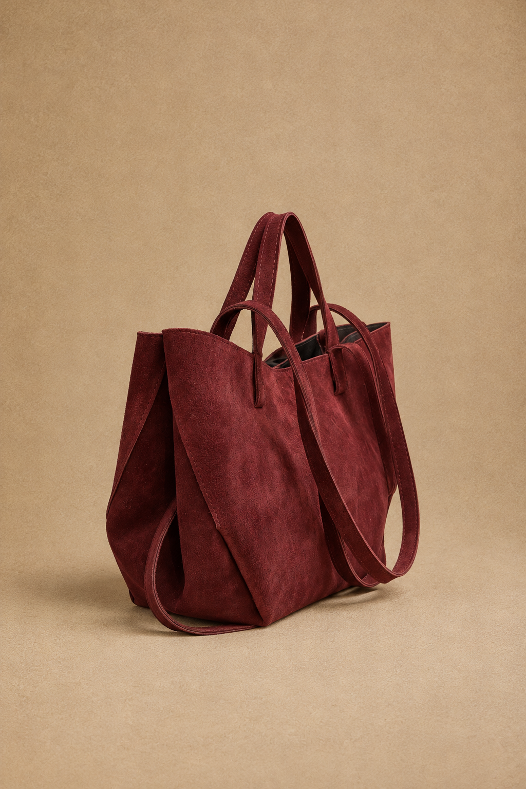 Borsa Shopper Donna in Vera Pelle Scamosciata Bordeaux con Doppio Manico