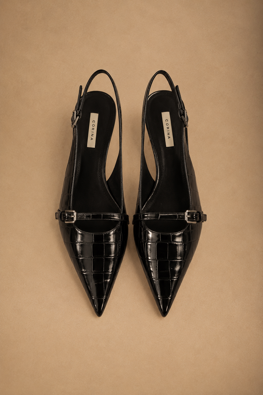 Décolleté Slingback Donna Nera Effetto Cocco con Tacco a Stiletto e Cinturino
