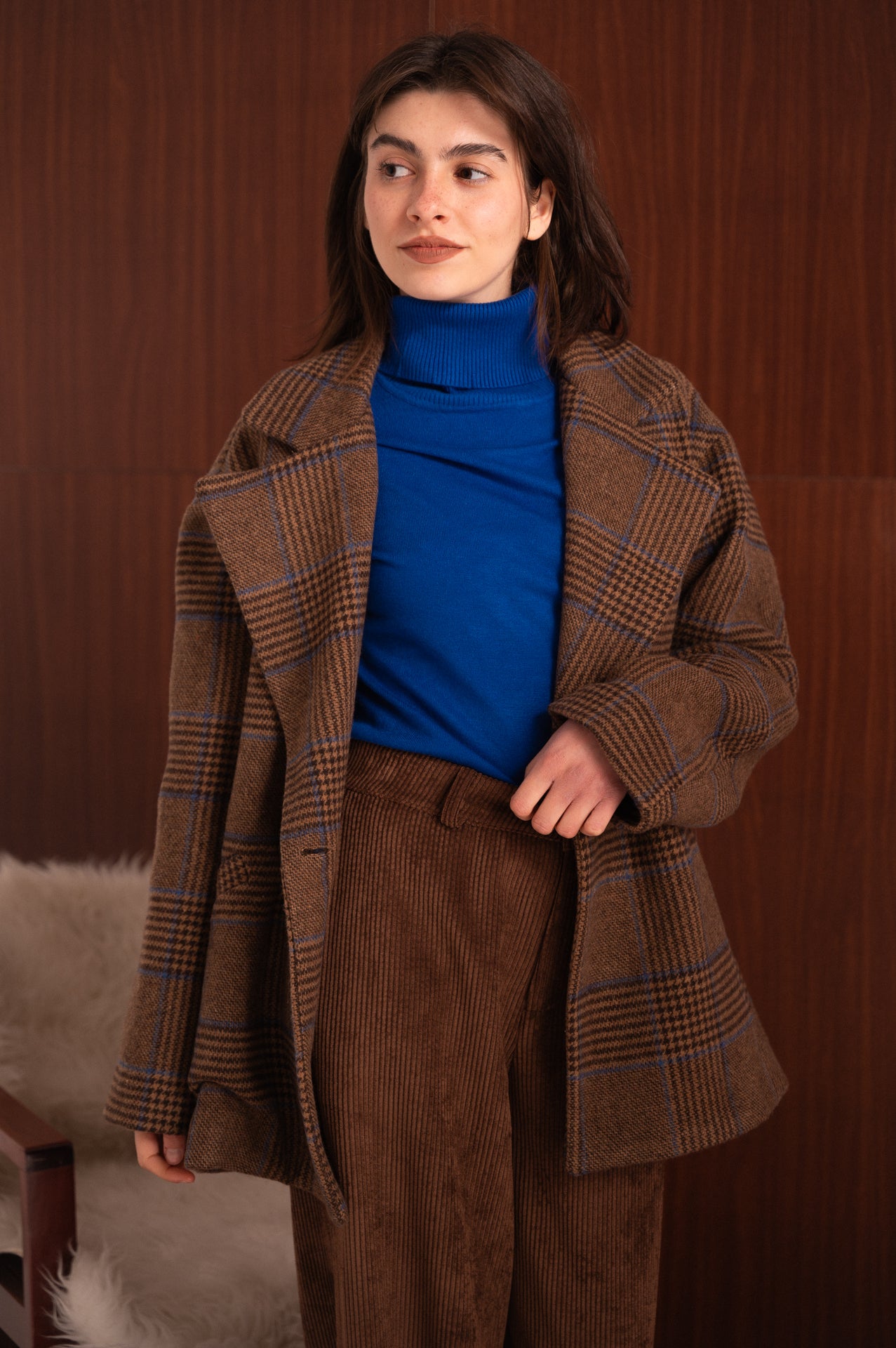 Cappotto blazer a quadri marrone con velina interna