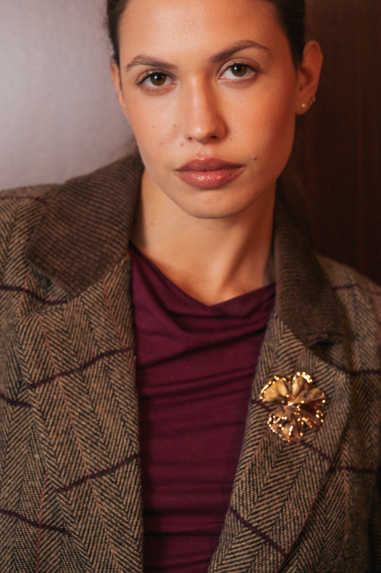 Blazer in Tweed a Quadri con Collo in Velluto