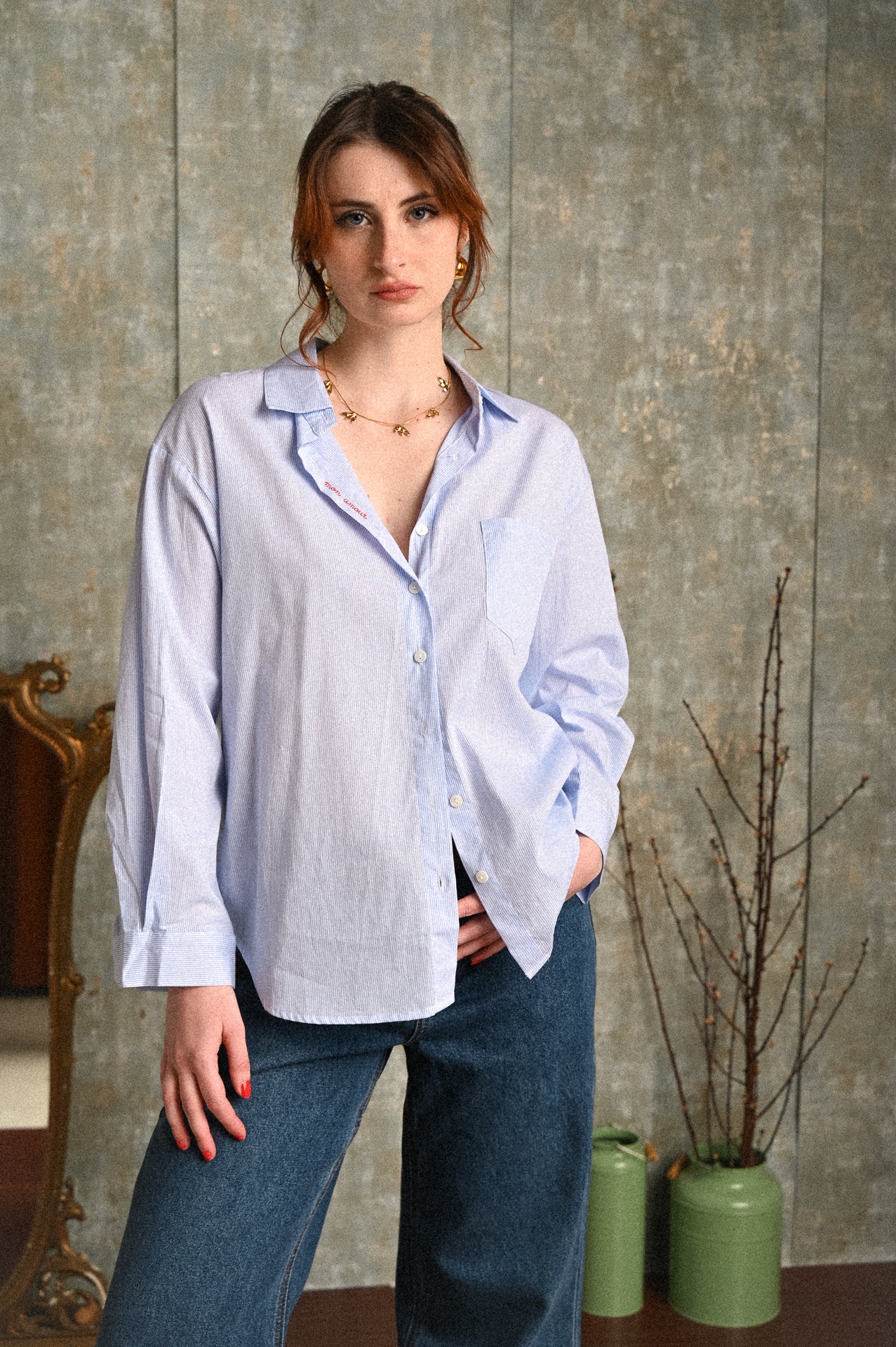 Camicia Clematis a righe con scritta ricamata mon amour