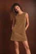 Abito Corto Donna in Velluto a Coste Color Taupe in Cotone con Tasche