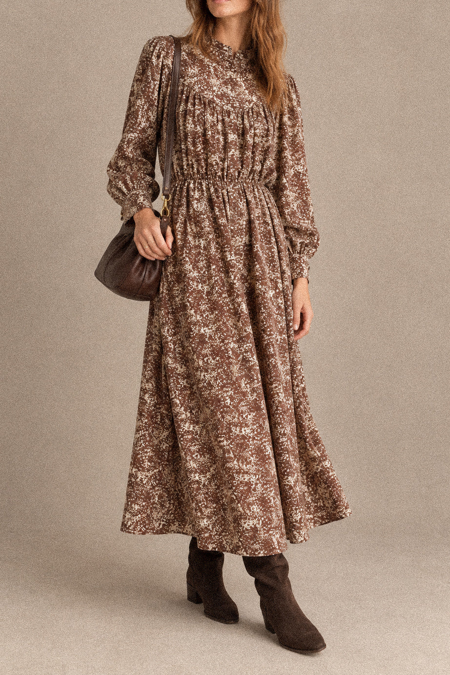 Abito Lungo Donna Marrone Effetto Animalier con Vita Elasticizzata e Maniche Lunghe