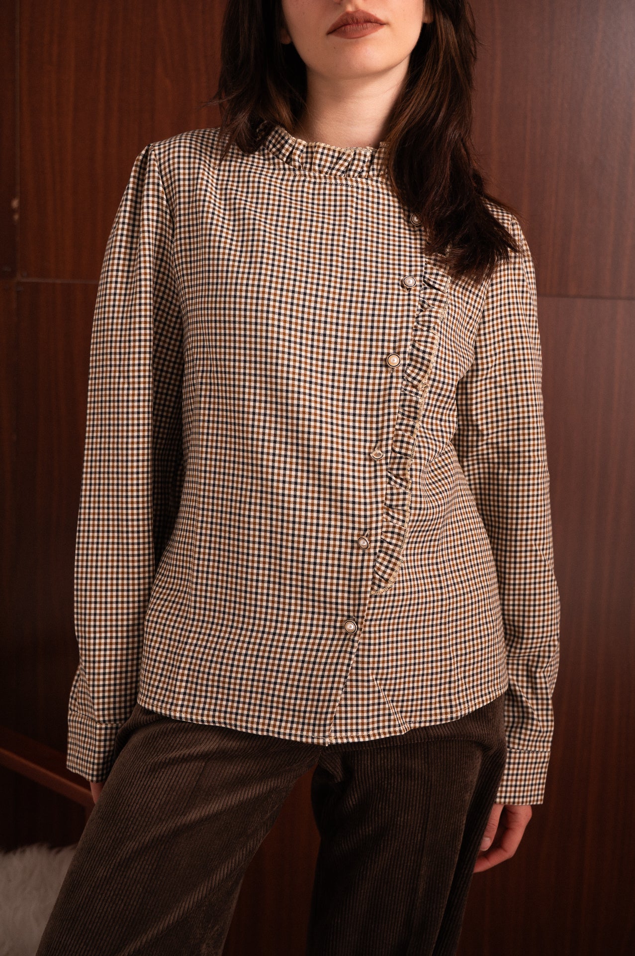 Blusa Donna Principe di Galles Tortora con Abbottonatura Laterale