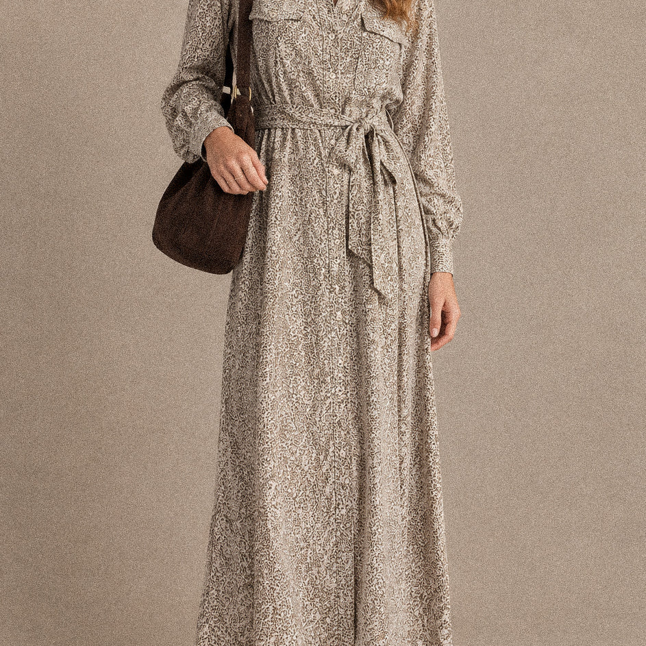 Abito Chemisier Lungo Donna Fantasia Animalier con Cintura in Vita e Maniche Lunghe