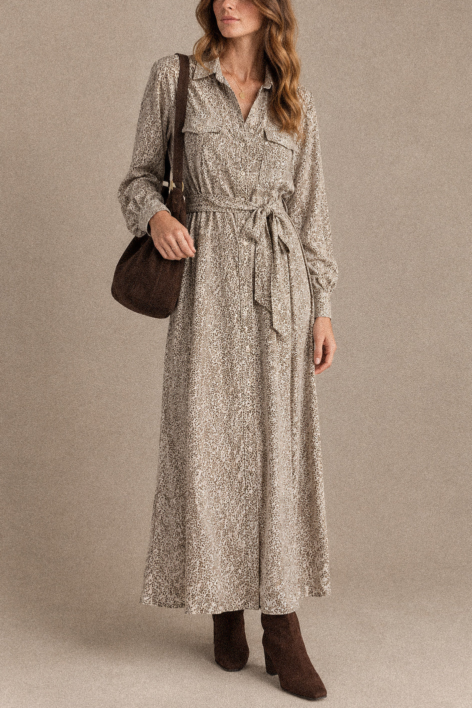Abito Chemisier Lungo Donna Fantasia Animalier con Cintura in Vita e Maniche Lunghe