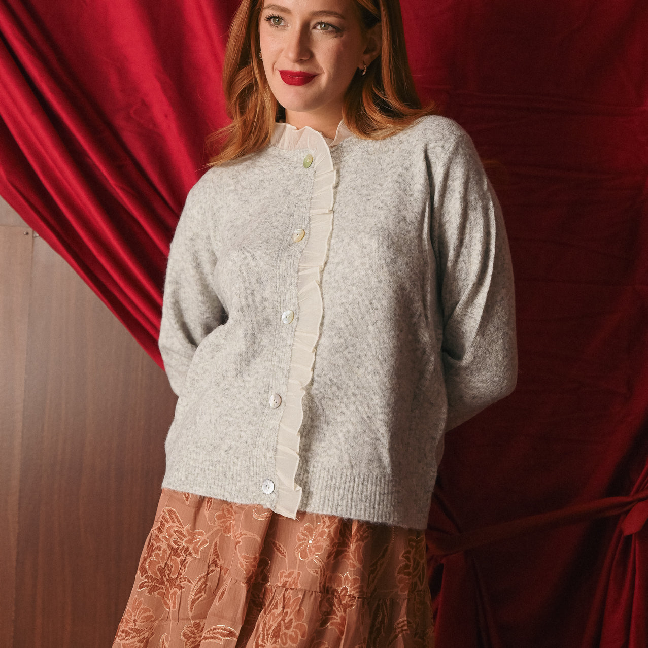 Cardigan Grigio Mélange Donna Volant Chiffon | Cardigan Bon Ton