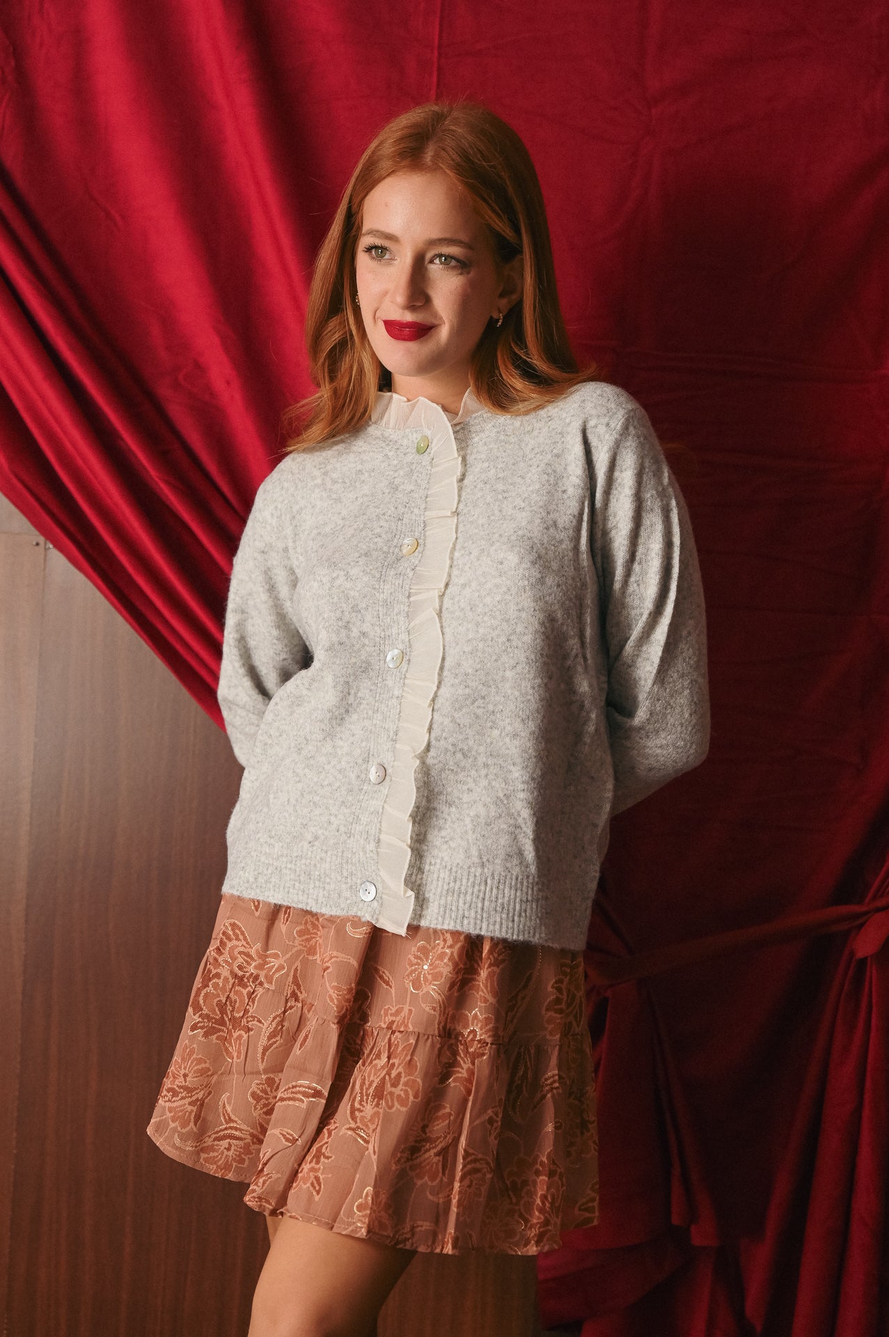 Cardigan Grigio Mélange Donna Volant Chiffon | Cardigan Bon Ton