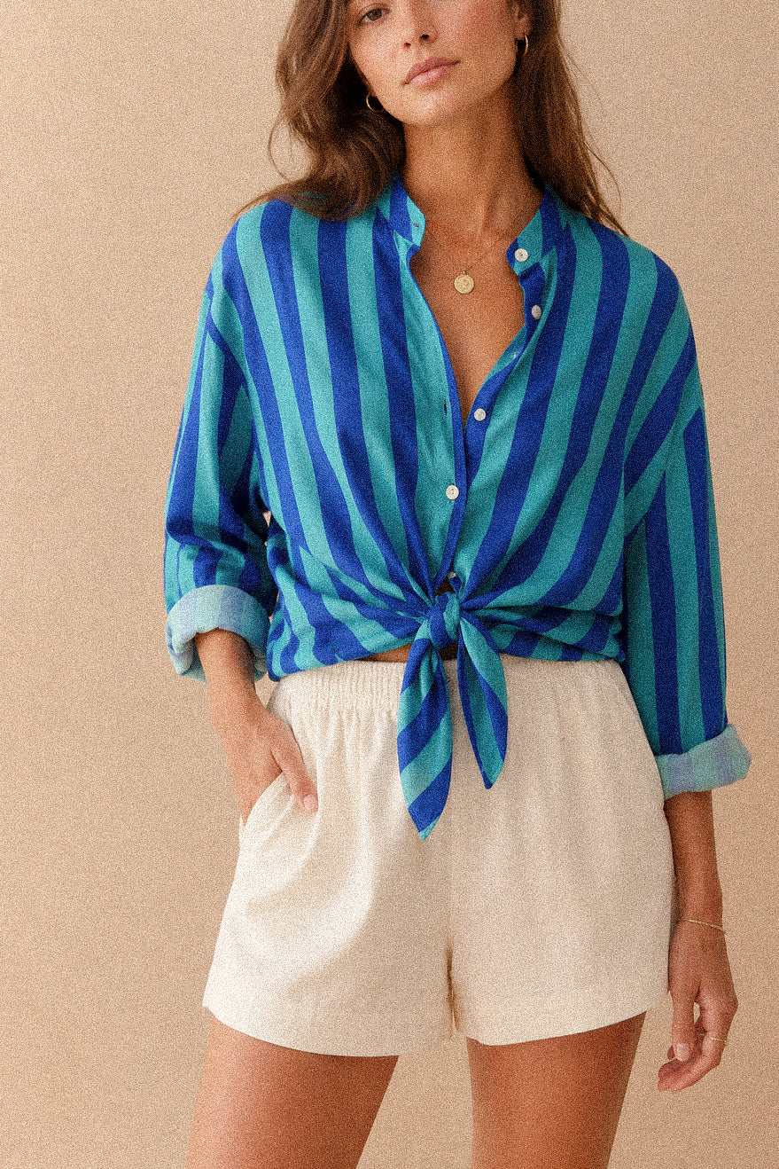 Camicia donna a righe blu e turchese con colletto coreano in cotone