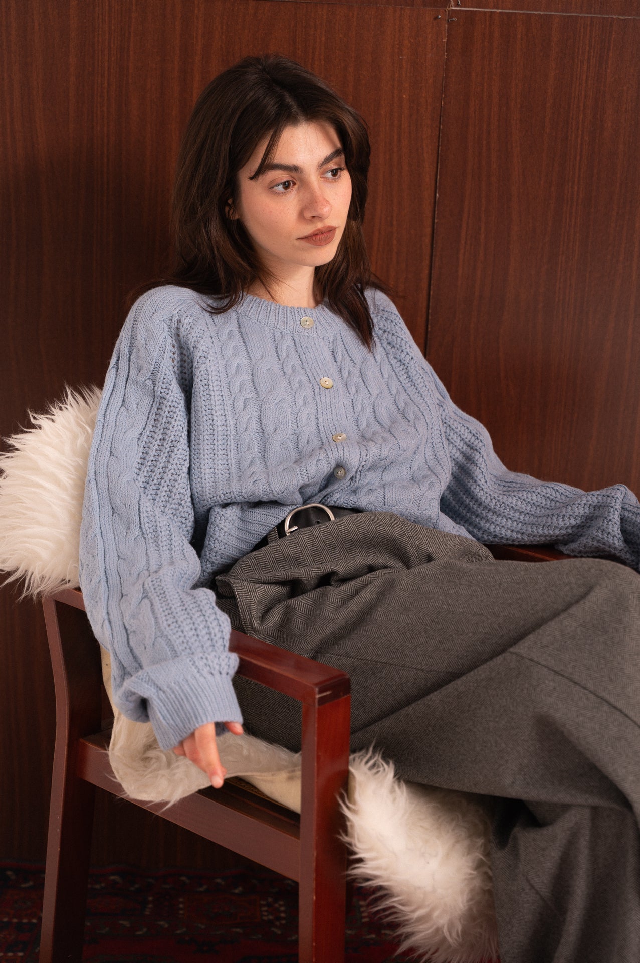 Cardigan Azzurro a Trecce con Bottoni Maglieria Morbida e Avvolgente