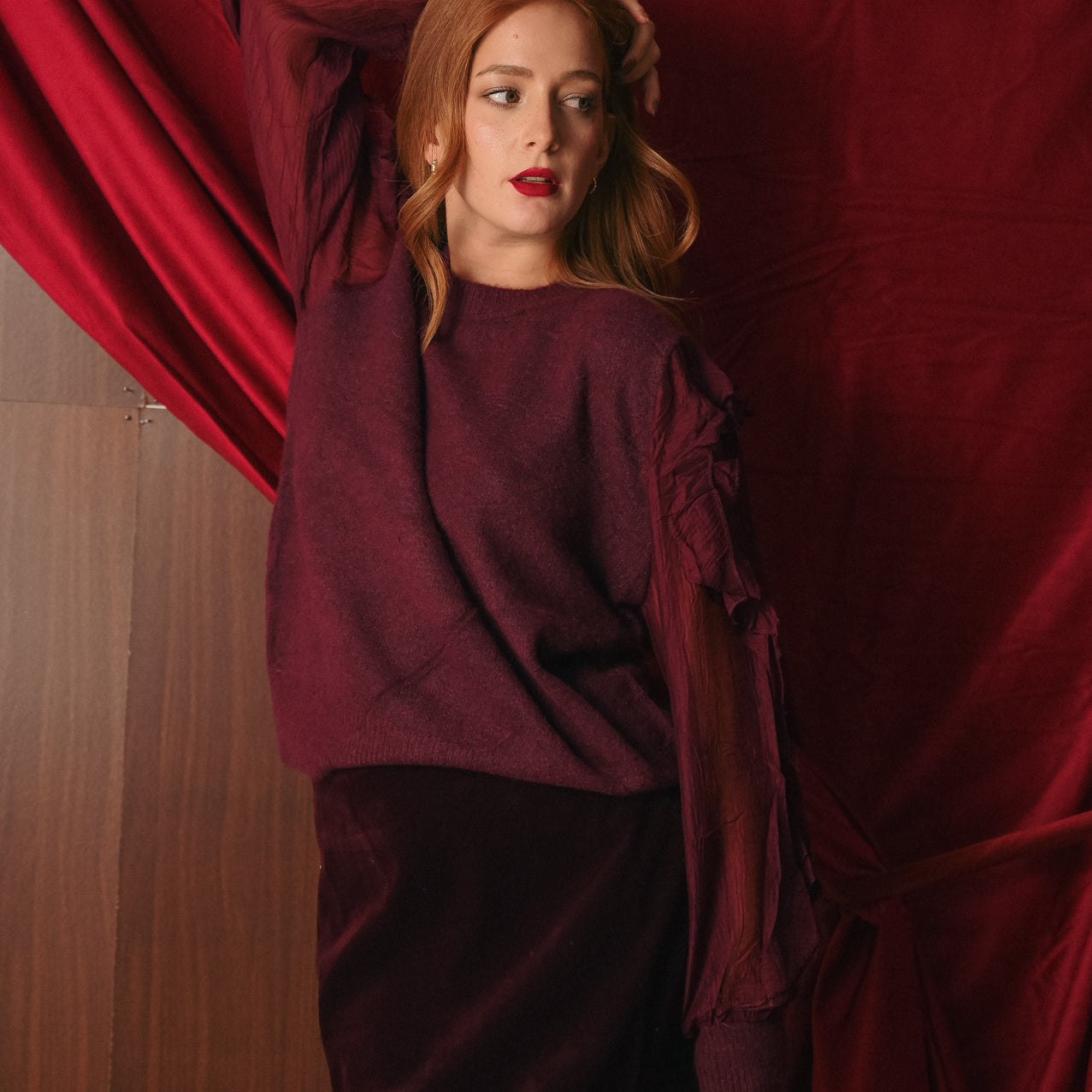 Maglione Donna Bordeaux Maniche Tulle Trasparente | Pullover