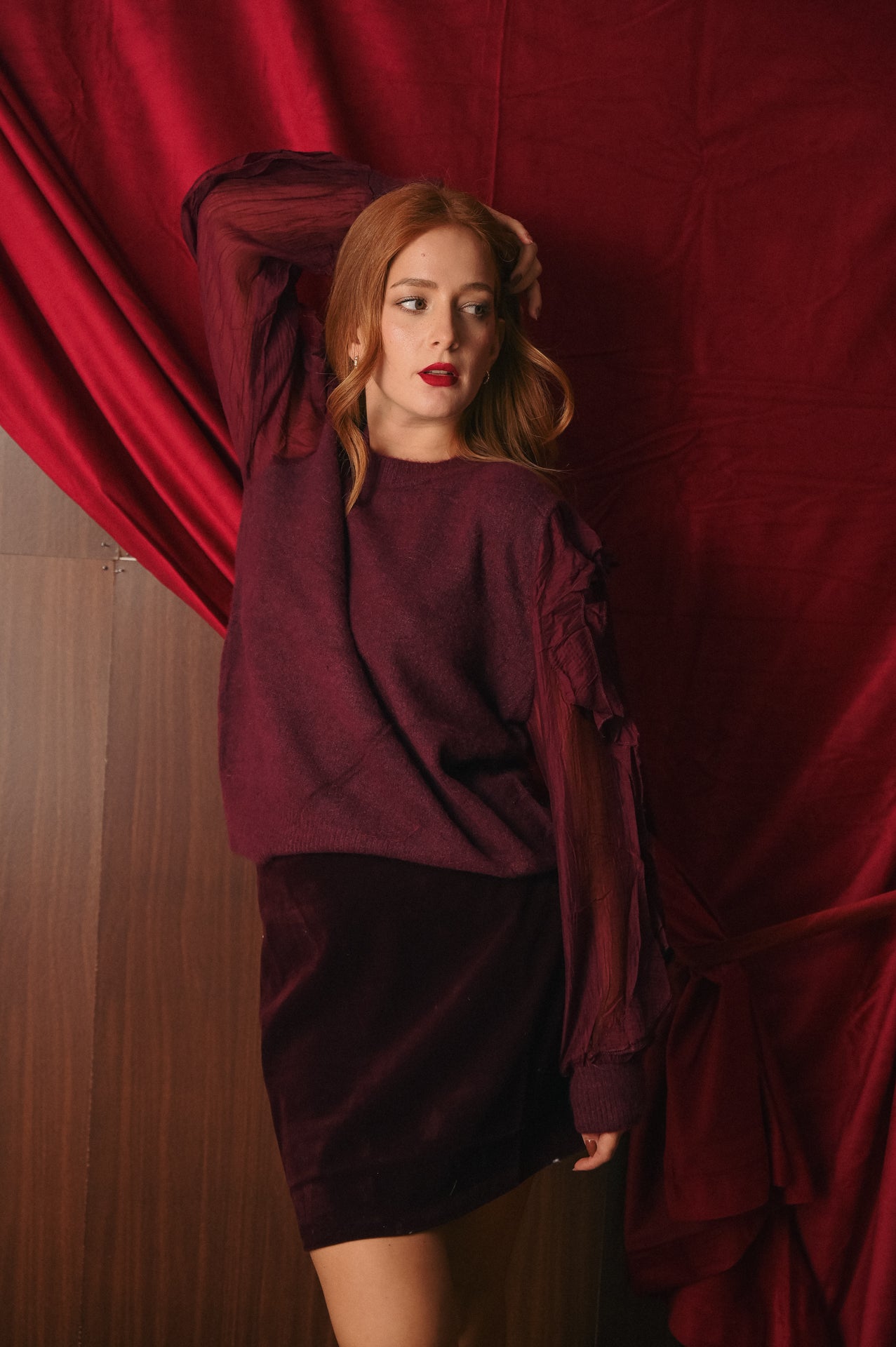 Maglione Donna Bordeaux Maniche Tulle Trasparente | Pullover