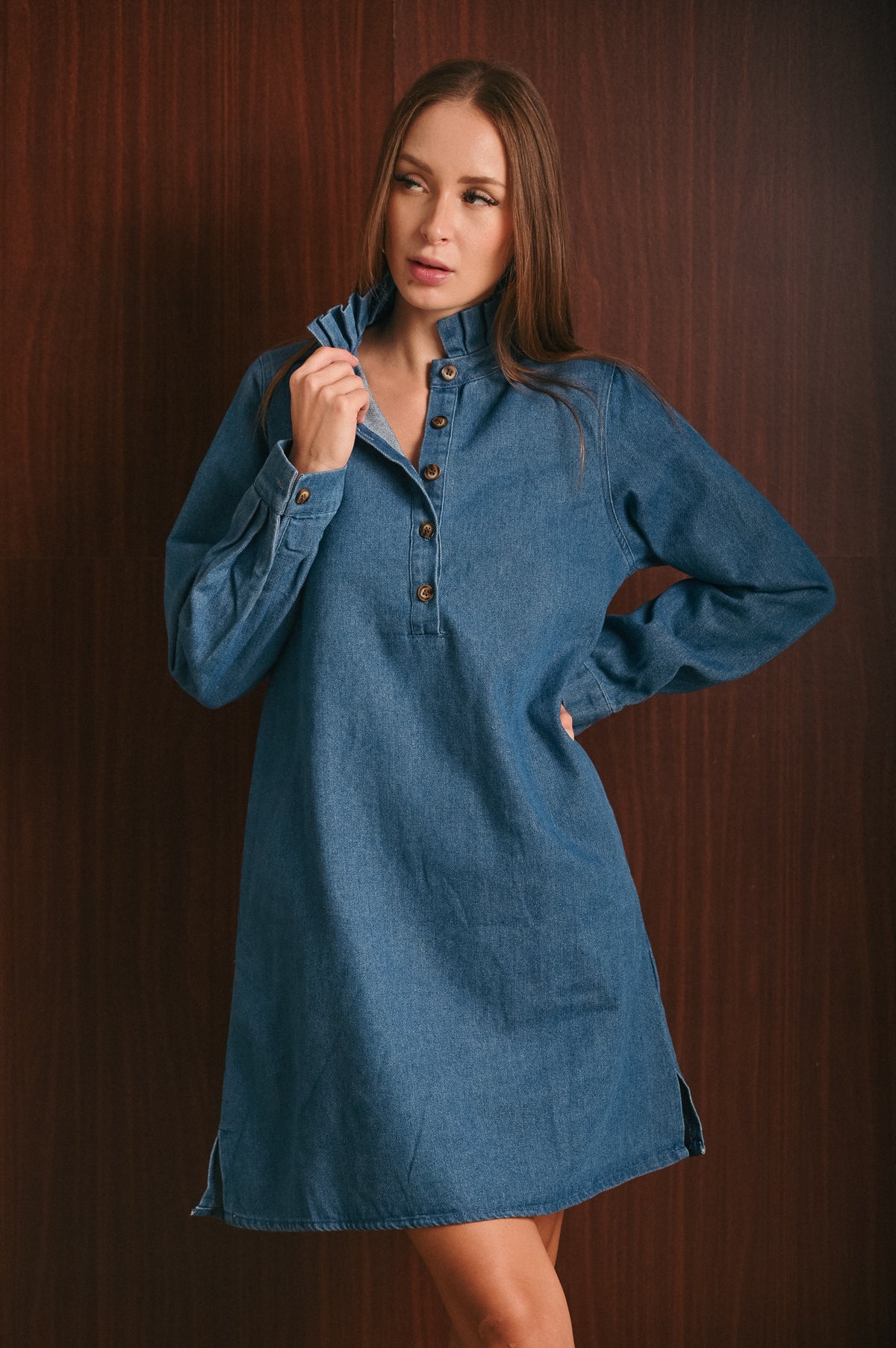 Abito Donna in Denim 100% Cotone con Colletto a Punta