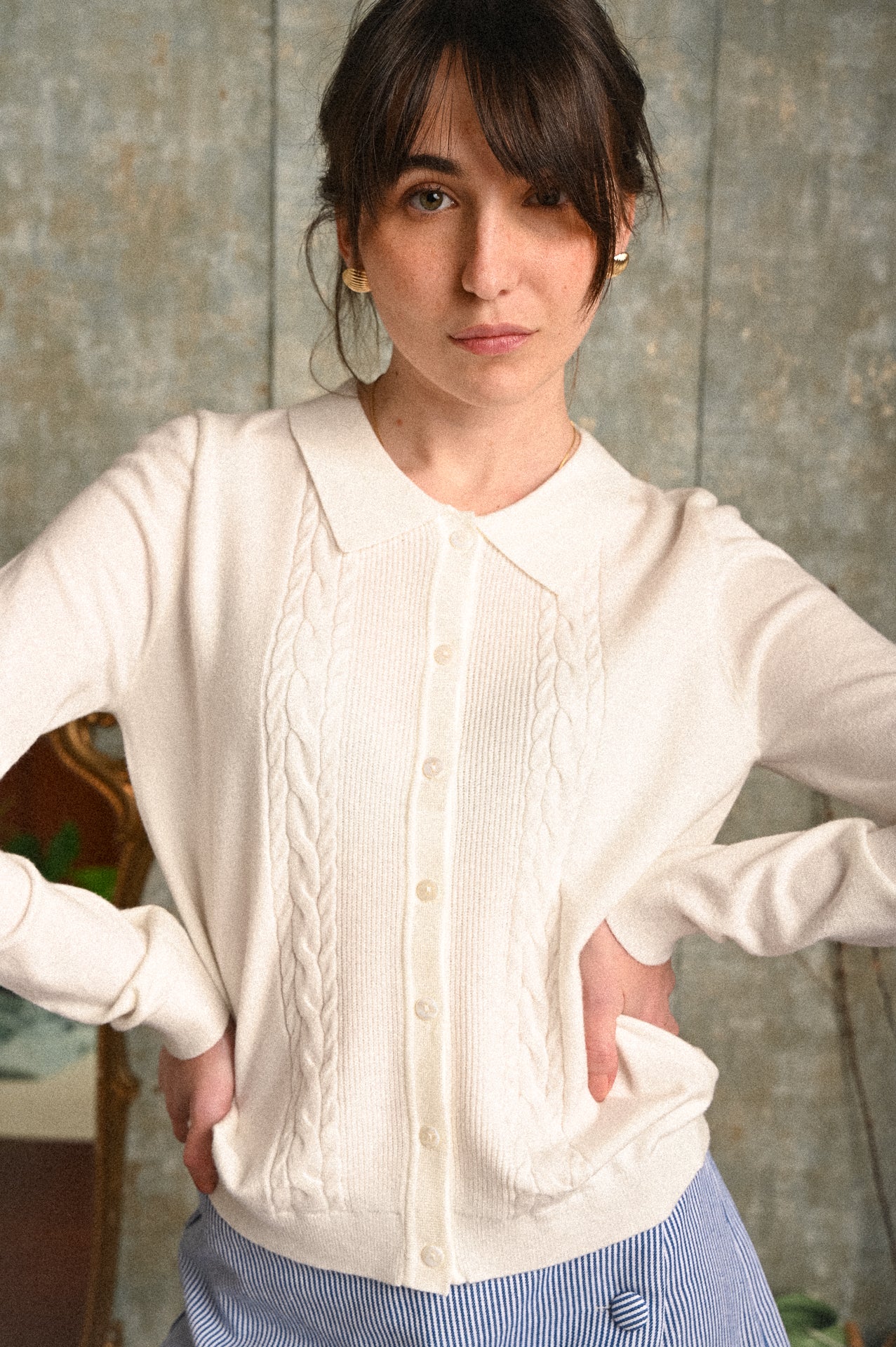 Cardigan Nigella Bianco Donna con Colletto Polo e Bottoni