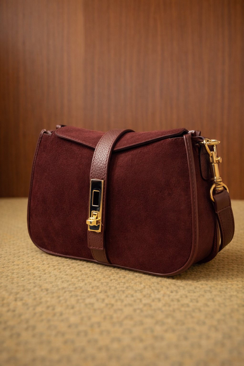 Borsa a mano bordeaux in doppia pelle liscia e camoscio con tracolla