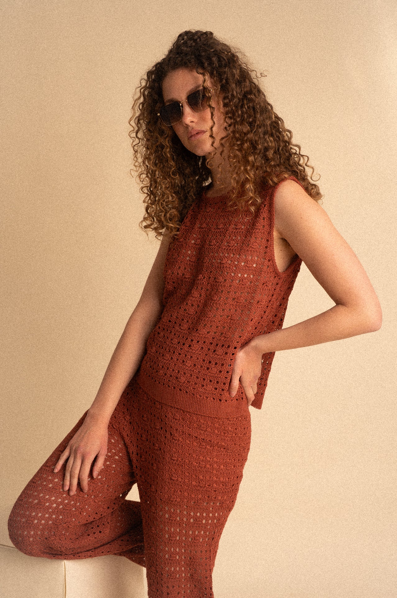 Pantalone Traforato in Cotone con Elastico – Color Terracotta