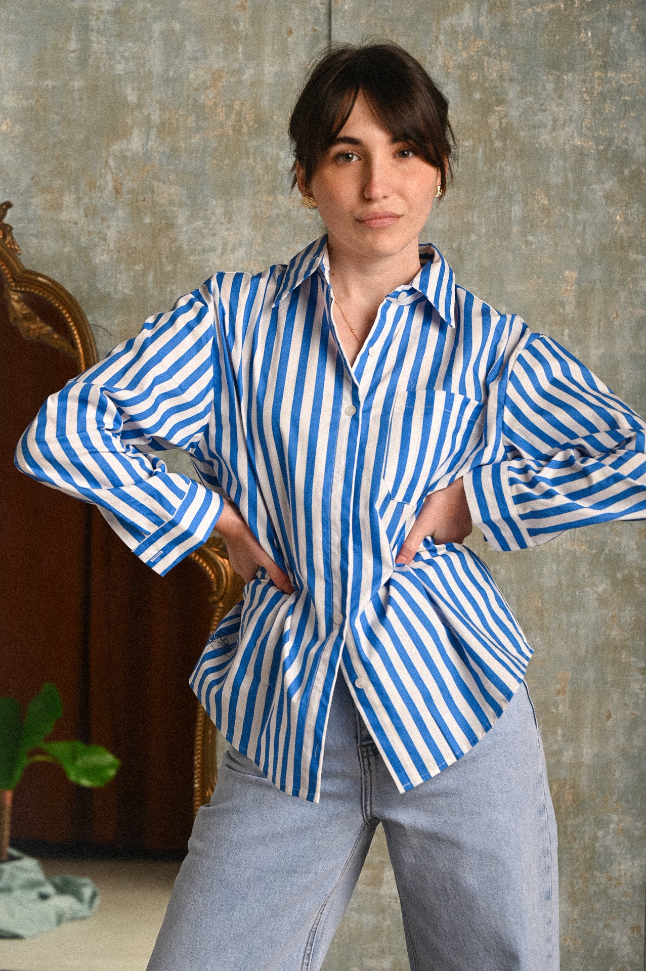 Camicia Felce a Righe Azzurro e Bianco con Tasca – Cotone 100%