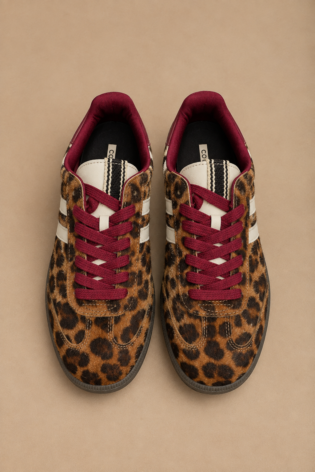 Sneakers Donna Leopardate Effetto Cavallino con Dettagli Panna e Lacci Bordeaux