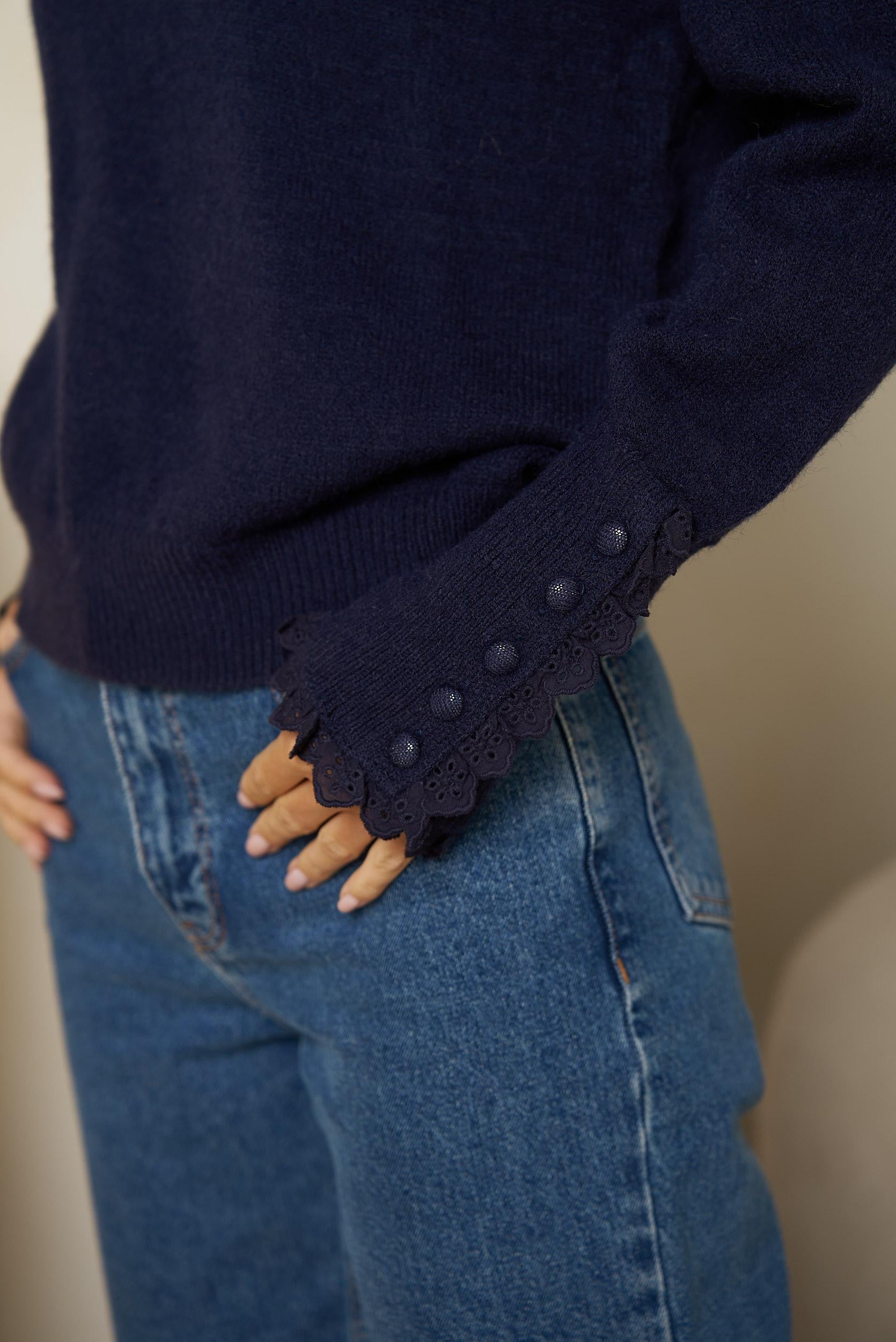 Maglia Donna blu Modello Camille | Collo e Polsi in Pizzo | Misto Lana Morbido