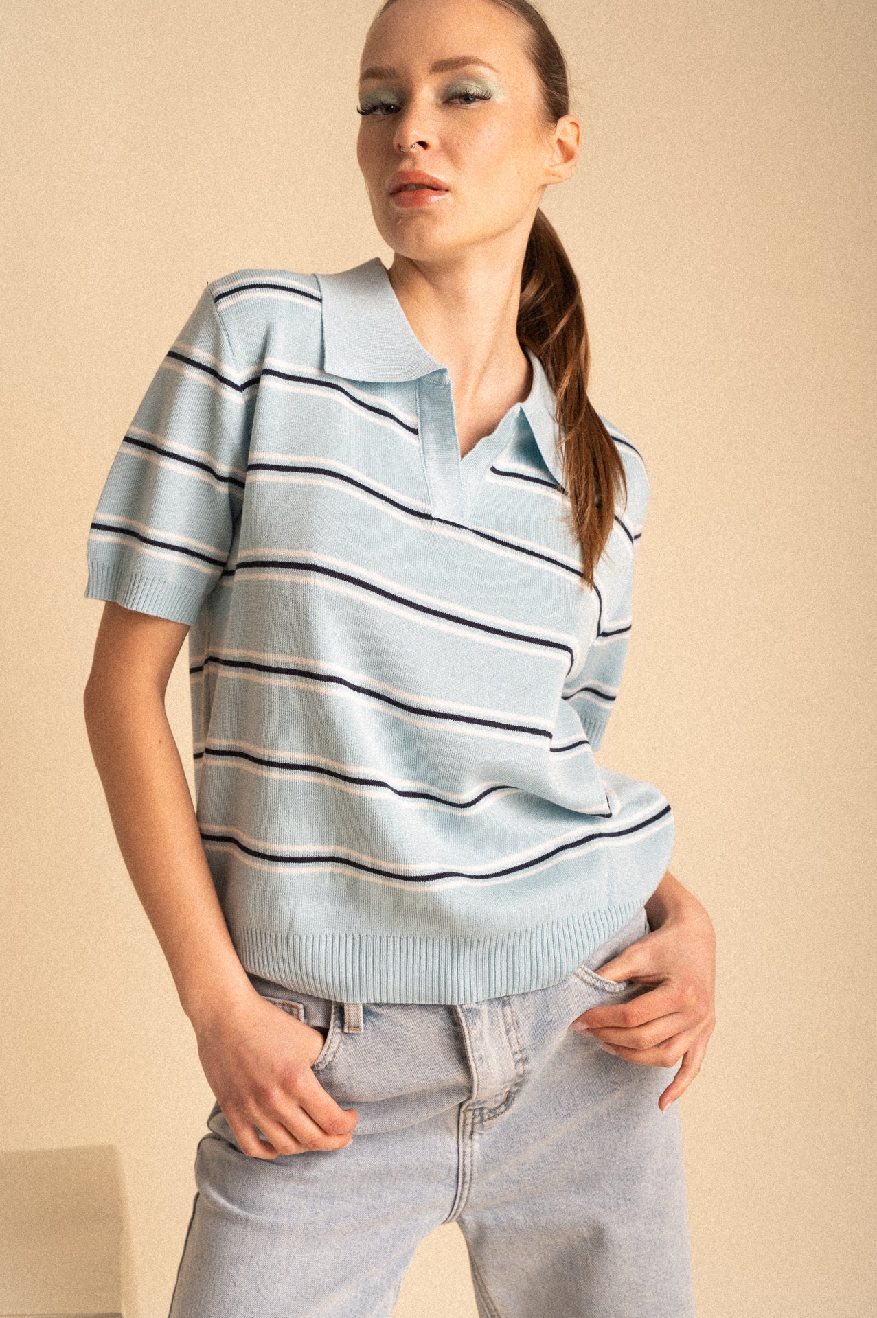 Polo Knit azzurra chiara a Righe