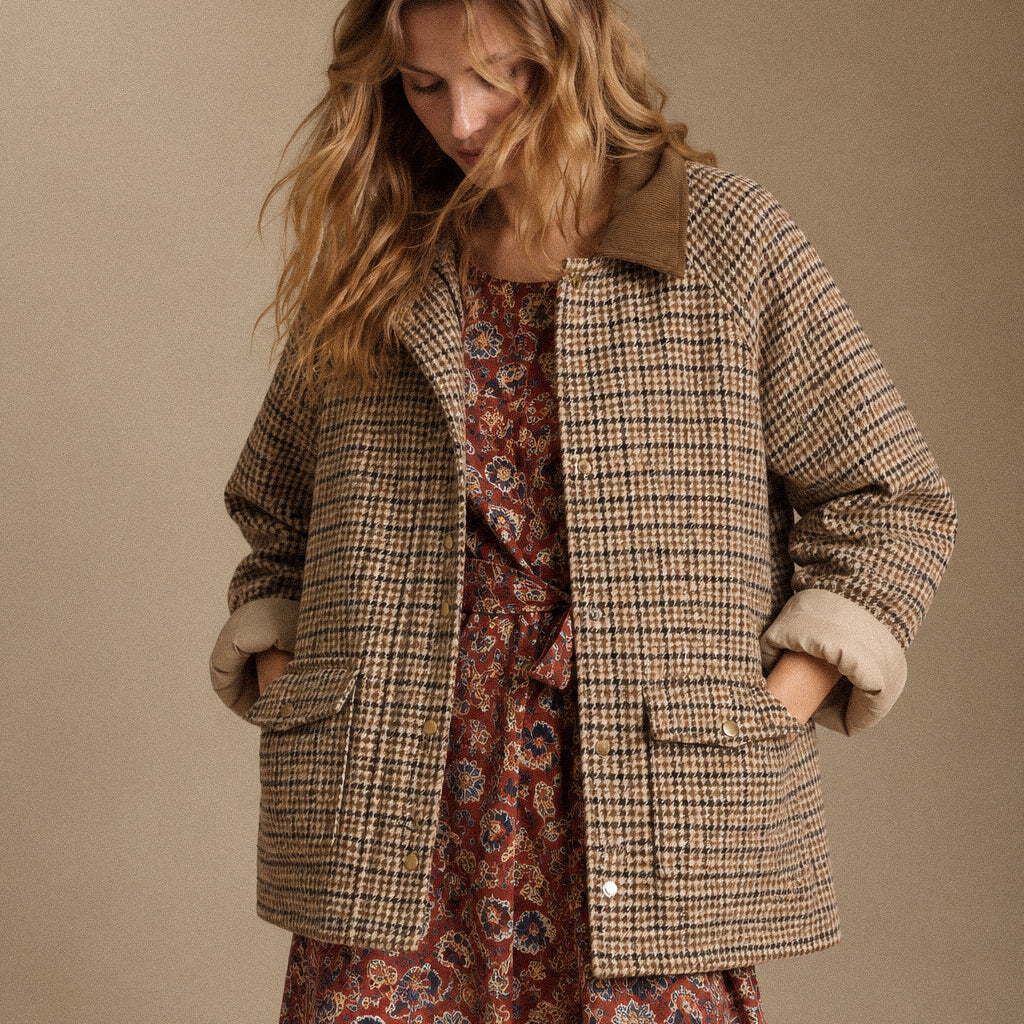 Blazer Donna Pied de Poule Beige e Marrone con Colletto in Velluto