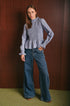Blusa Donna Azzurra a Righe con Corpino Arricciato e Maniche Voluminose