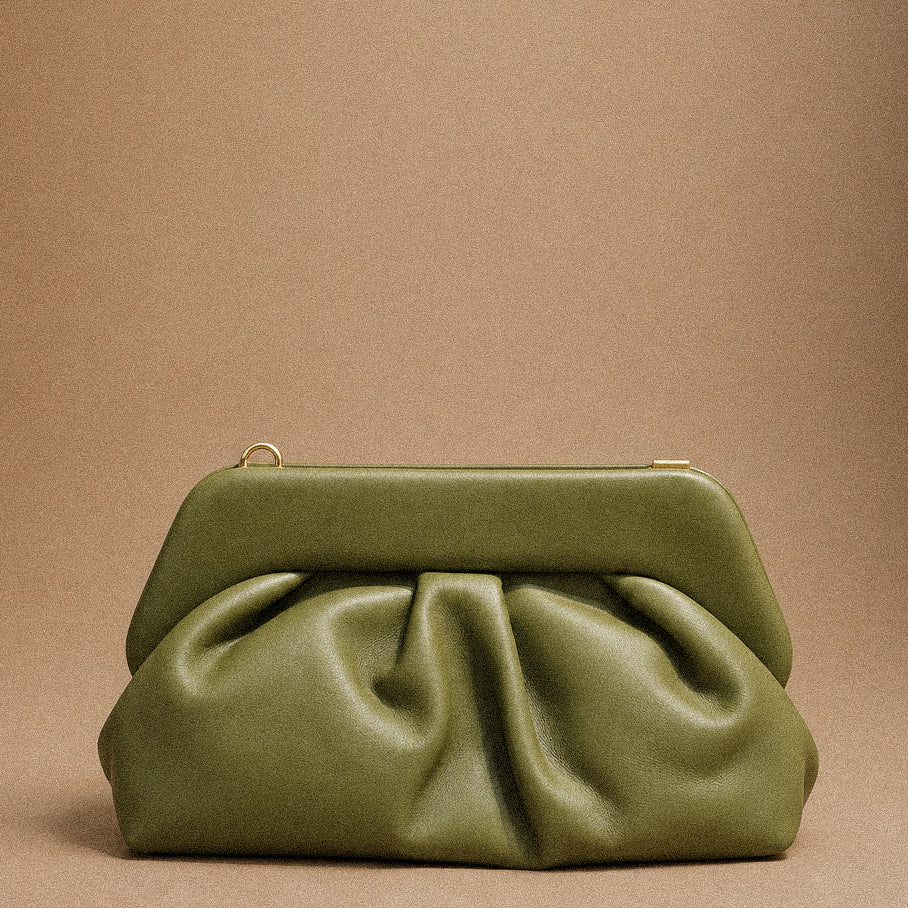 Borsa Donna Pochette Pouch in Pelle kaki con Tracolla Regolabile