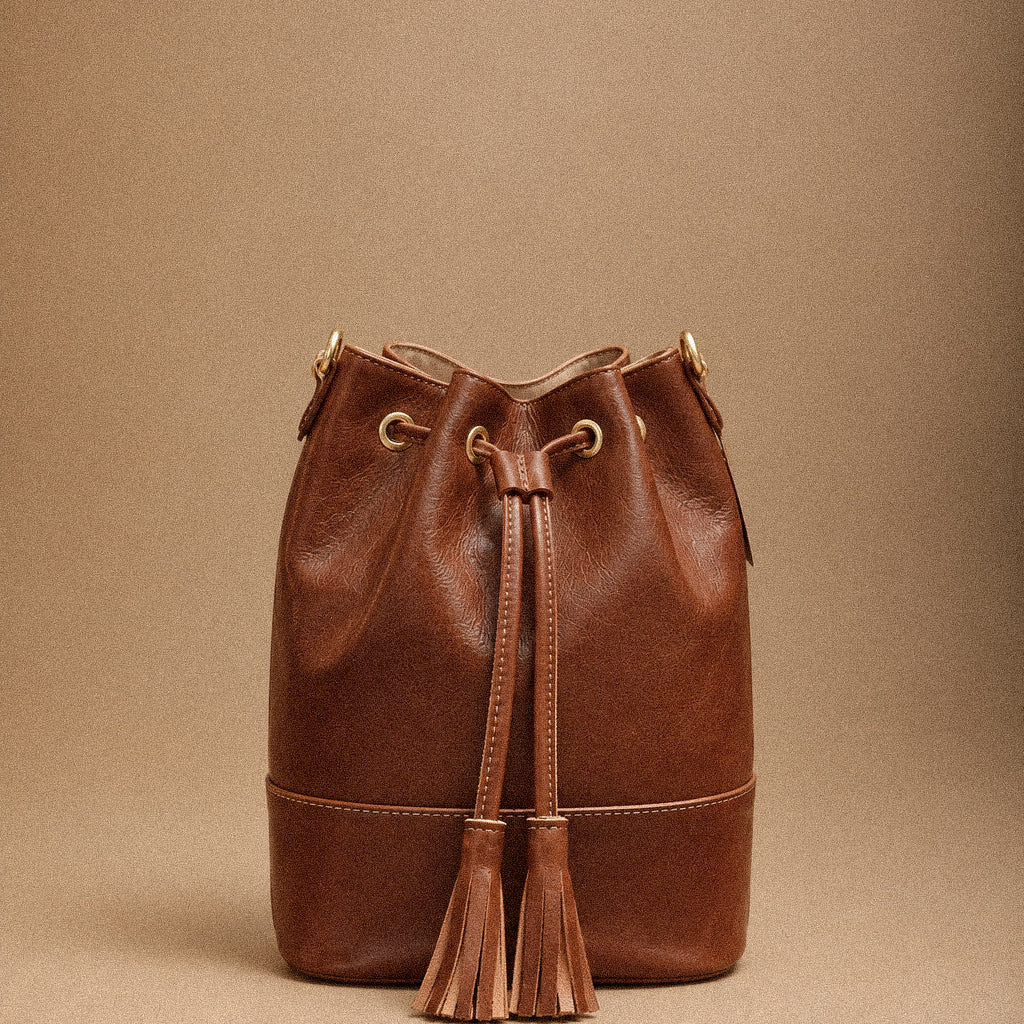 Borsa Donna a Secchiello in Vera Pelle Cognac con Coulisse